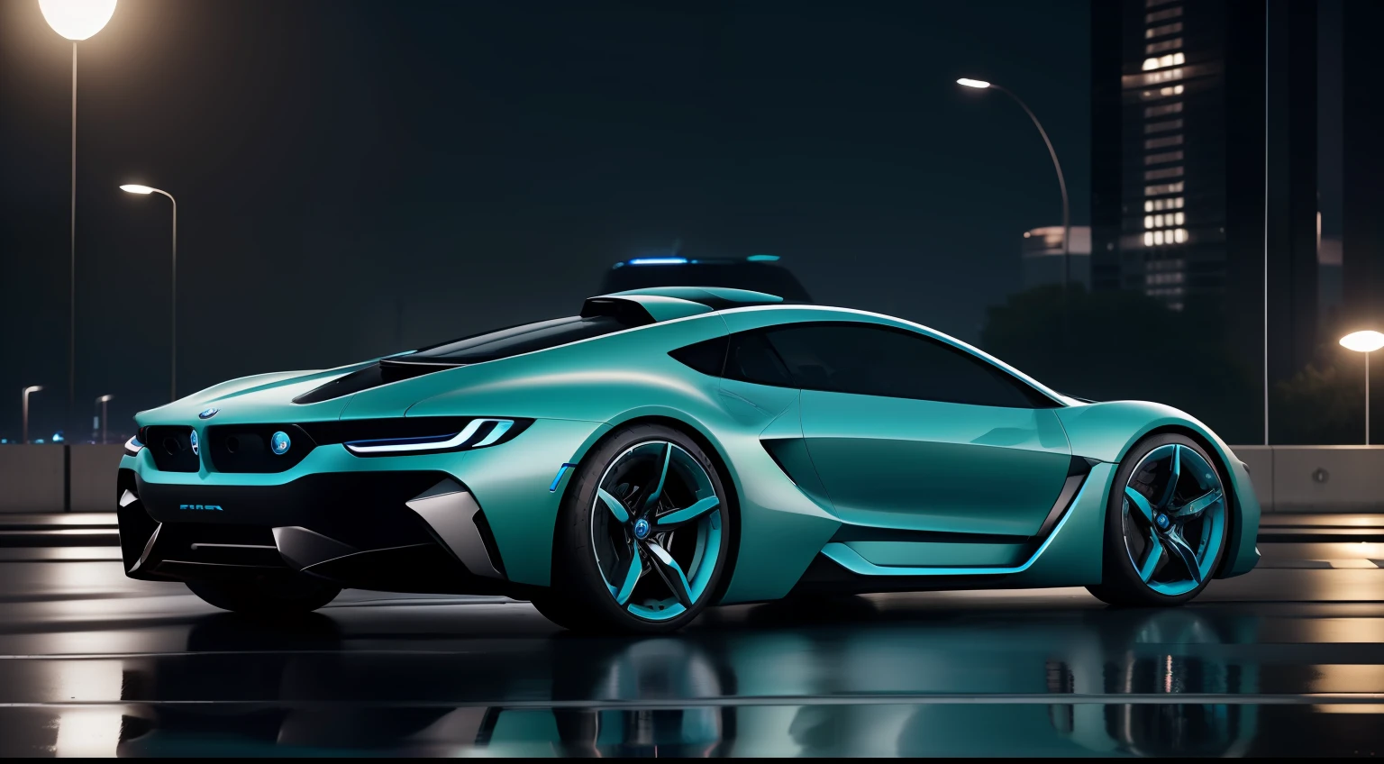 a futuristic car parked on a wet surface, futuristic cars, at the park of international hotel, futuristic concept car, render of futuristic supercar, concept car, daniel maidman octane rendering, futuristic car, concept design art octane render, futuristic product, futuristic style, bmw and mercedes concept cars, 8K, wide shoot view,