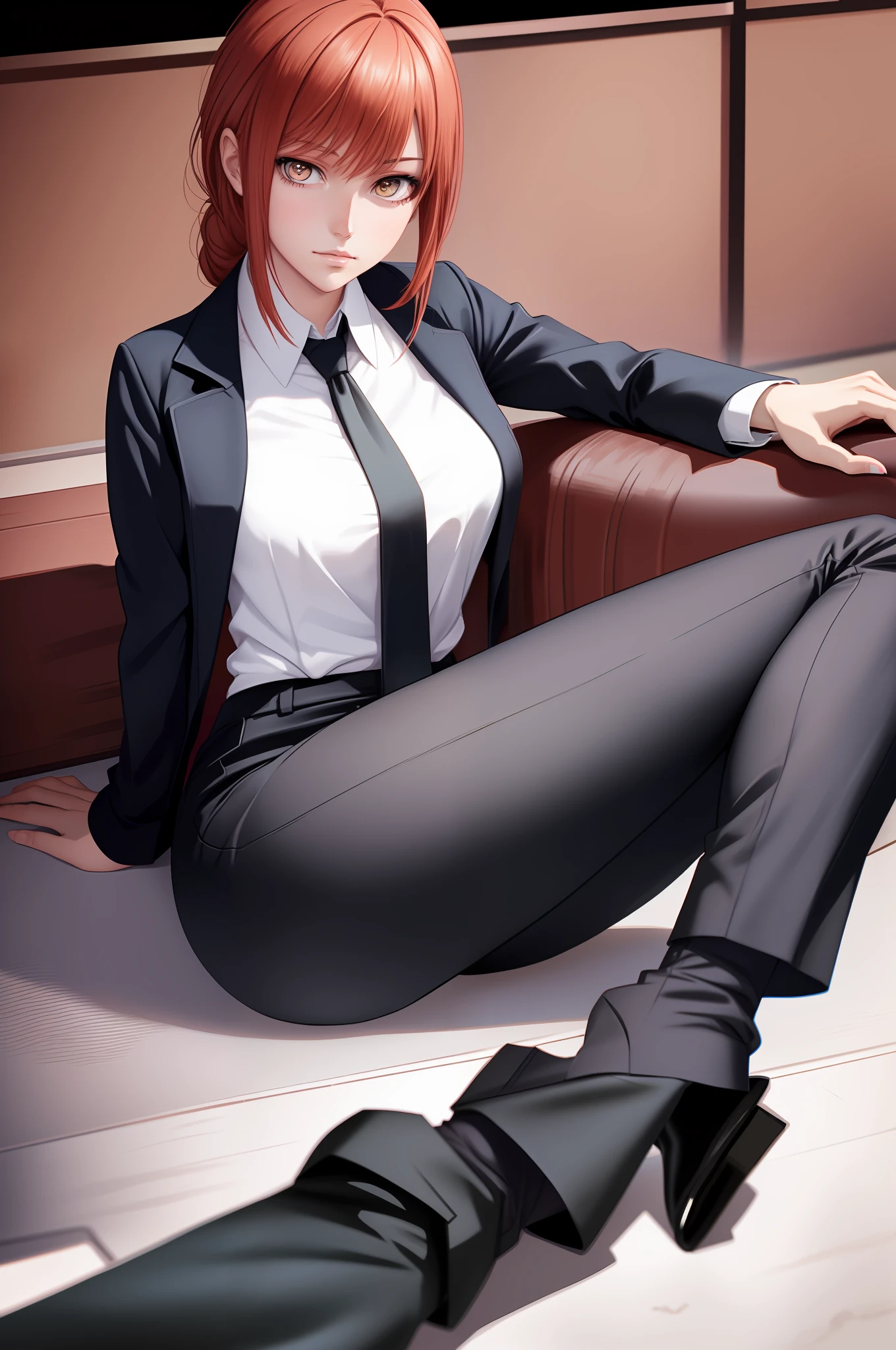 Anime - Stylistic image of a woman in a suit and tie sitting on a windowsill, Smooth anime CG art, wearing a strict business suit, girl in a suit, wearing a strict business suit, wearing a strict business suit, seductive anime girls, Girl in suit, Dark suit, office clothes, realistic anime artstyle, realistic art style, photorealistic anime girl rendering, dressed in a suit