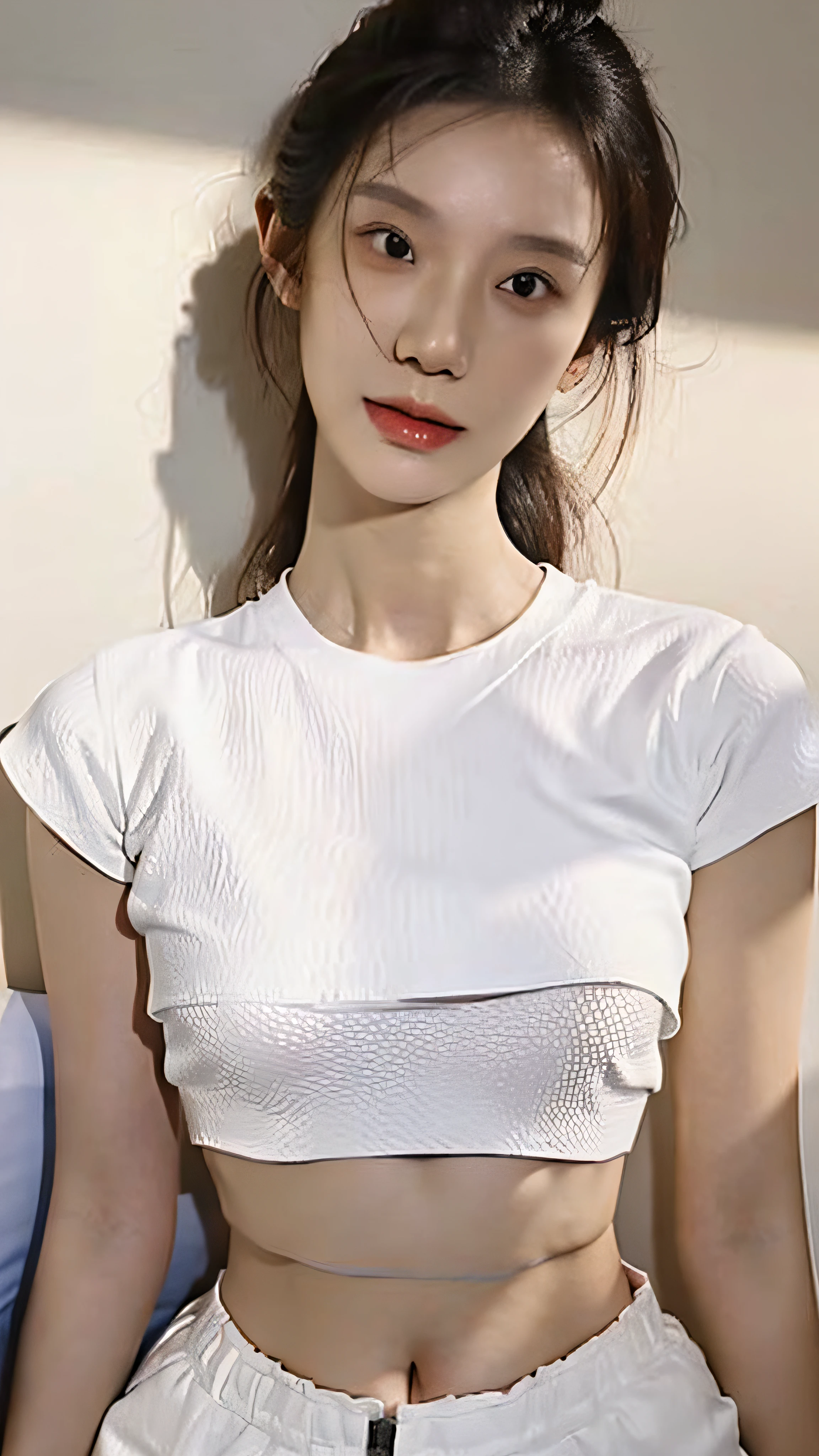 (Original photo: 1.2), (Realistic: 1.4), (Masterpiece: 1.3), (Best quality: 1.4), Dreamy, (detailed eyes), (detailed facial features), (detailed clothing features), Skin tightness, (Shiny skin), (Slim Girl), (Slim Girl), (Slim Girl), 1 Girl, Veronica Code, Solo, Cute, Bangs, Short brown hair, Black eyes, (Medium breasts), ((Shirt)), Dynamic pose, (Kodak Film Color) ((Camera not visible)) ((White Studio) (Studio Light) ,(crop top:1.4)