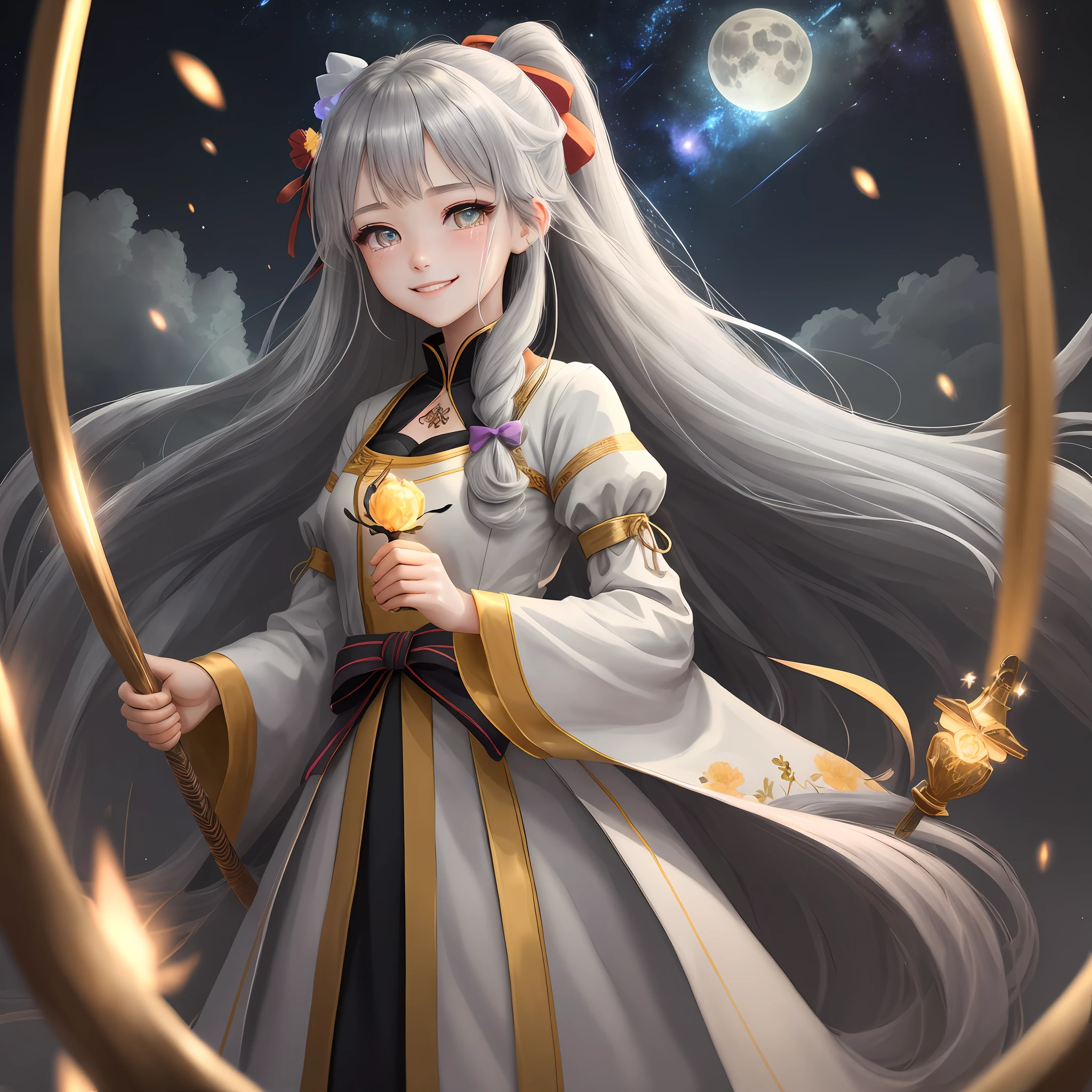tmasterpiece，best qualtiy，（（tmasterpiece）），（best qualtiy），1girll，独奏，A high resolution，astounding，beatiful detailed eyes，finely detailled，depth of fields，VerydetailedCG，primitive，extremelydetailedwallpaper，详细的脸，Black hair and blonde pupils，Night with bright colorful lights in detail in the sky layered clouds and misty moon，（A lot of glowing particles），A lot of meteors，（weeping）and smiles，Floating hair，torii，very_long_hair，Colored tip，full bodyesbian，Holding a glowing flower in his hand，colored inner hair， whaite hair， long whitr hair， hair bow， Hair bow， Hanza， opens his eyes wide， Light smile， anime big breast， Ray traching， reflective light，Four fingers