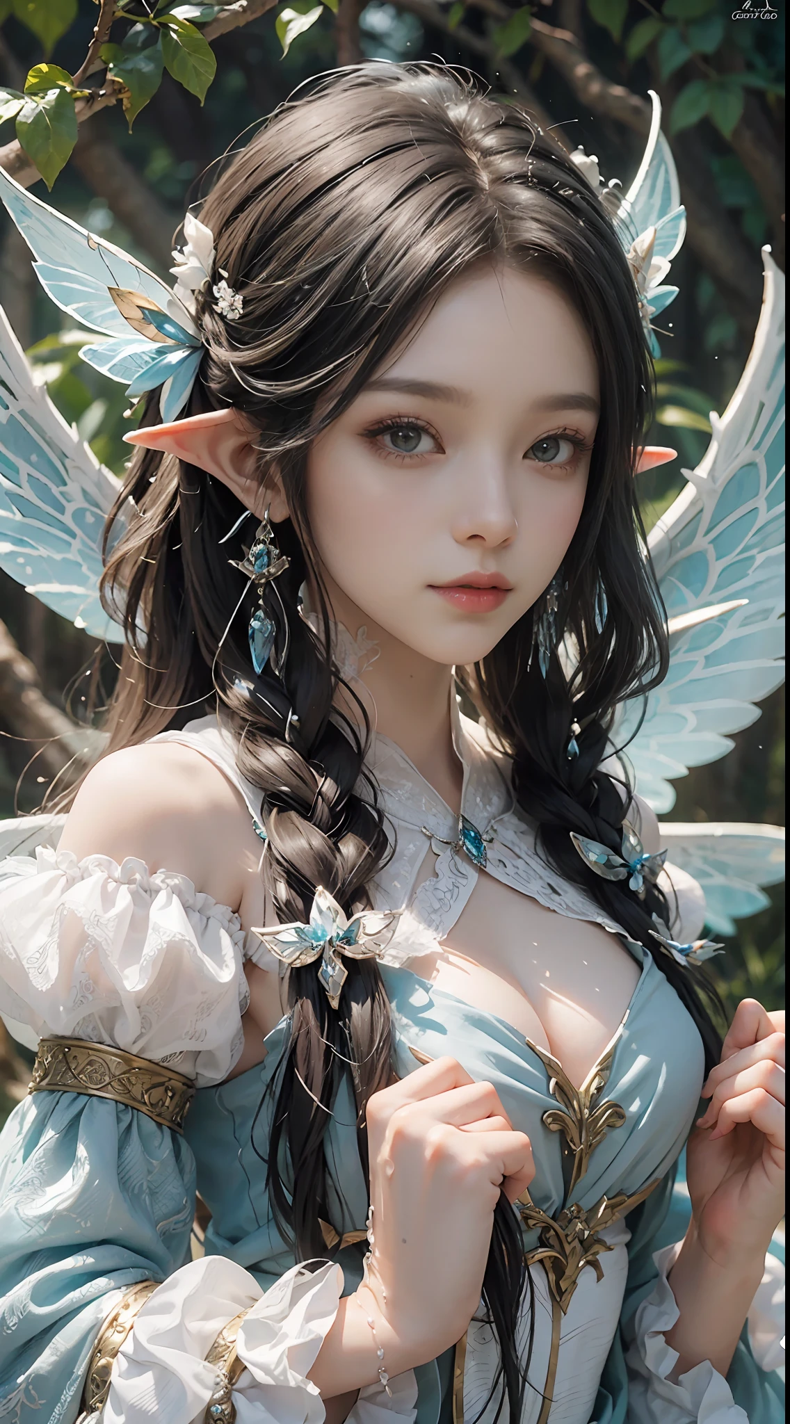 tmasterpiece,top-quality,orthofacial,Dressed in white,White angel wings,Beautifully braided,Elves flutter in the air,An ancient and mysterious palace,Fantastic white,A sense of fatalism,best qualtiy,Main layout,Light lighting,Ishimaru,the elf,Gauze sleeves,water fairy,closeup fantasy with water magic,Pixie in hand,Hand cast spells,Ethereal fantasy,fairy aesthetics,astral fairy,Beautiful Elf Queen,ethereal fairytale,fantasy aesthetic!,Fairy tale core,anime cosplaying,EtherealBeauty,Fantasy art style,Anime girl role play,Ethereal fantasy,Beautiful fairy in white