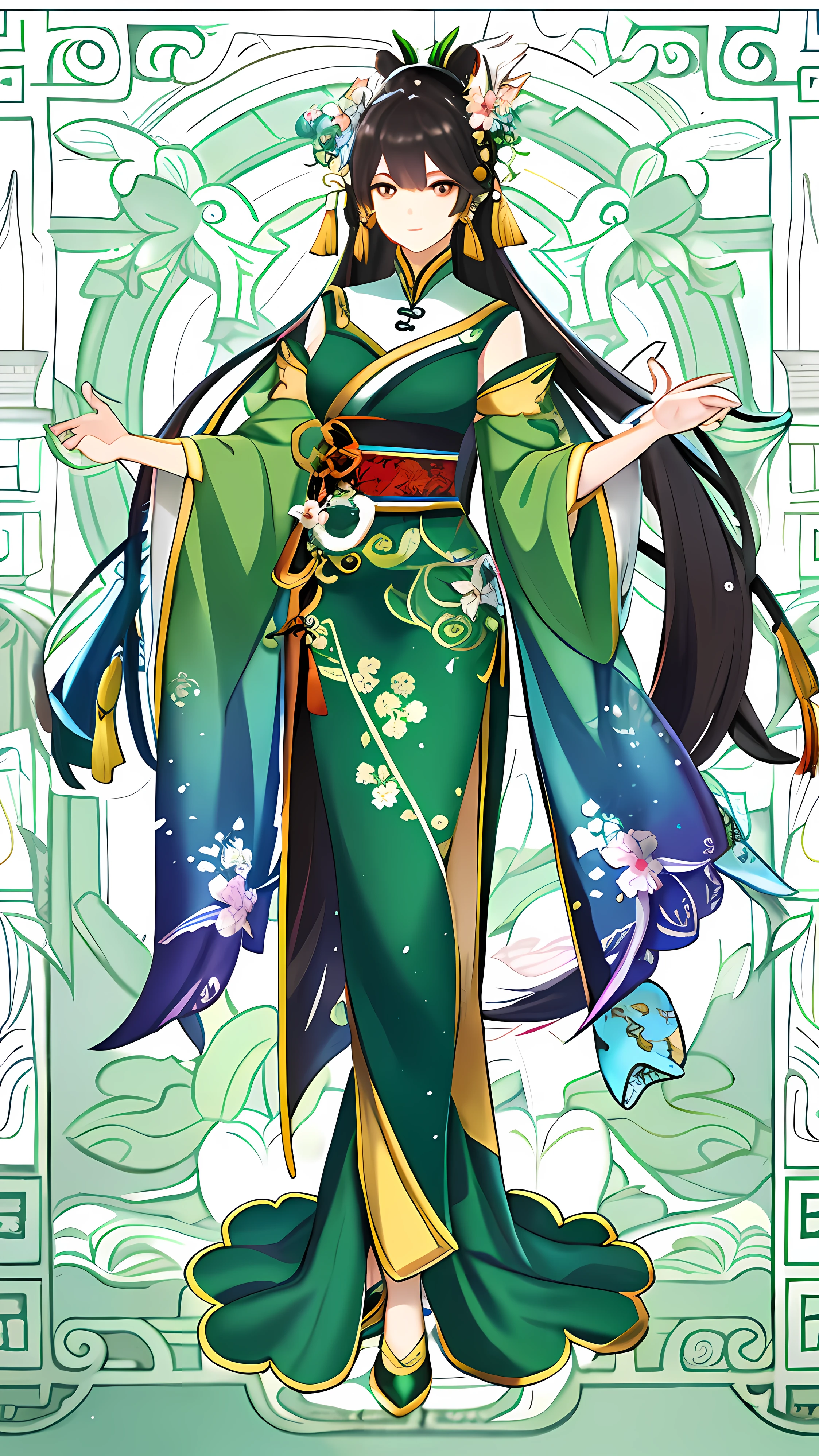 A woman in a green dress,A flower stuck in his hair, full-body xianxia, fantasyoutfit, Inspired by Ai Xuan, Inspired by Lan Ying, concept-art | Art germ, G Liulian art style, chengwei pan on artstation, beautiful full-body concept art, beautiful elegant dryad, fashion concept art, Onmyoji detailed art