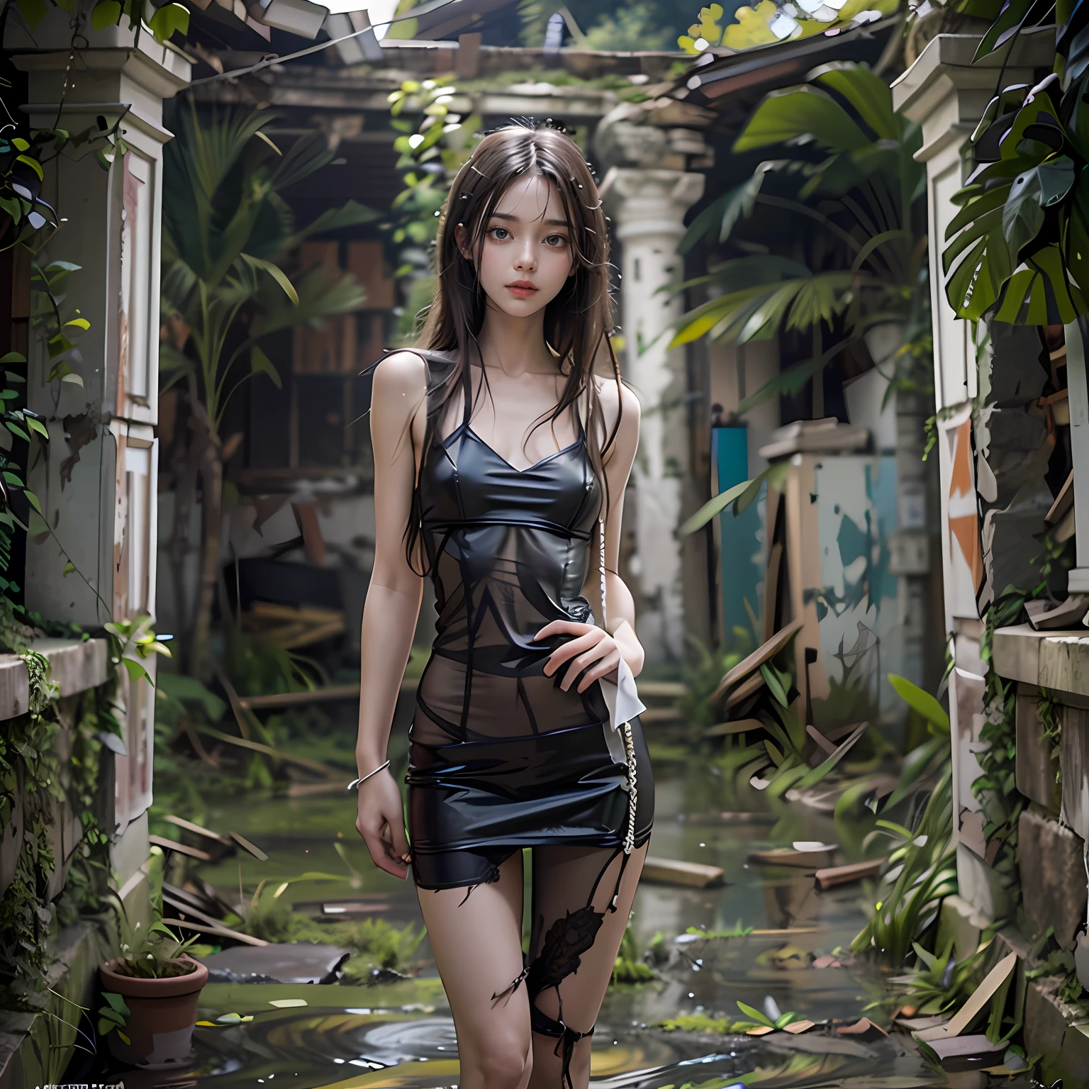 abandoned ruins，Sexy standing pose，full-body portraits（1：1），18 years old girls，Slender and slender figure，Skinny，As thin as a whipping post，Smaller bust，The barefoot，Random nudity all over the body，exhibitionists，Random exposure of genitals，face to the viewer