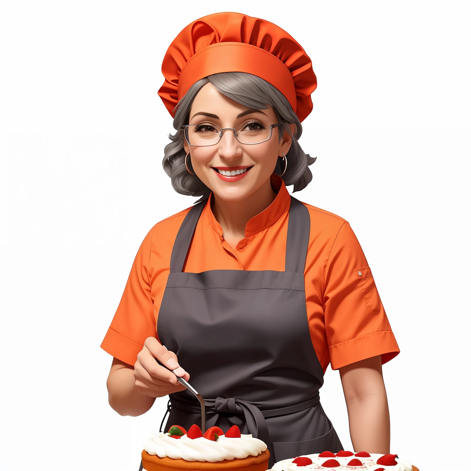 Smiling gray-haired woman wearing glasses on an apron and hat pointing at something, vestido como um chef pasteleiro, arte promocional, Arte Oficial, advertising photo, promotional render, imagem promocional, official illustration, imagens promocionais, Chell, baking artwork, cozinhar, Imagem promocional, arte oficial do personagem, arte oficial, cooky, imagem promocional, chef feliz, Arte Promocional, ( waitress ) garota
