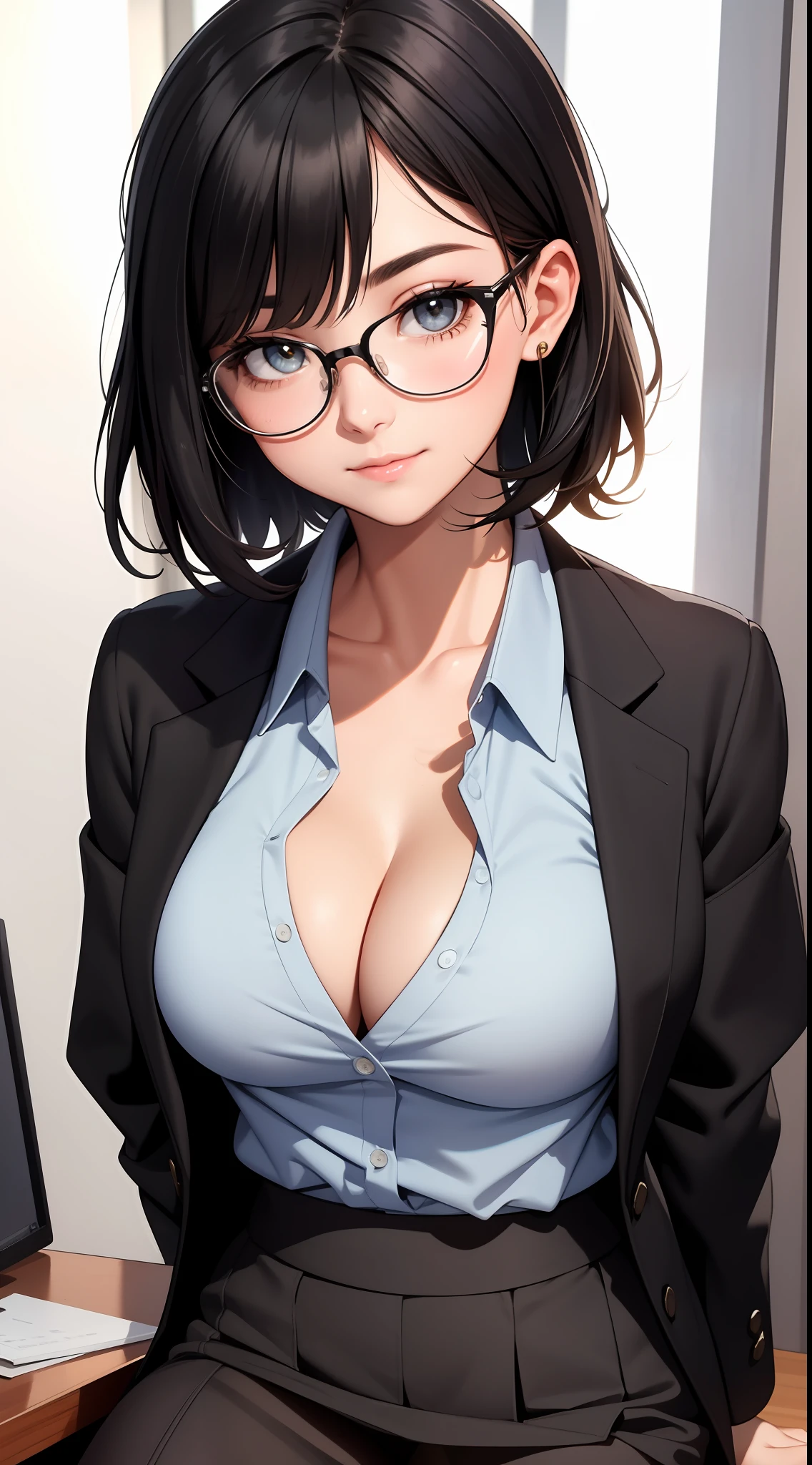 (Best quality:1.1), (Masterpiece:1.2), Highqualityshadow, Beautiful detailed, Beautiful face, Detailed eyes, Off-the-shoulder attire,Depth of field, A high resolution, Best shadow, Best illumination, 1girll, view the viewer, (Black hair:1.3),Brush cut,extra very short hair, Blunt bangs, Long hair, Black eyes, Shy, Large breasts, Miniskirt, blouse, Blazer, Pump, Office Lady, Glasses,cleavage,looks into camera,ssmile,closeup cleavage,Superskirt
