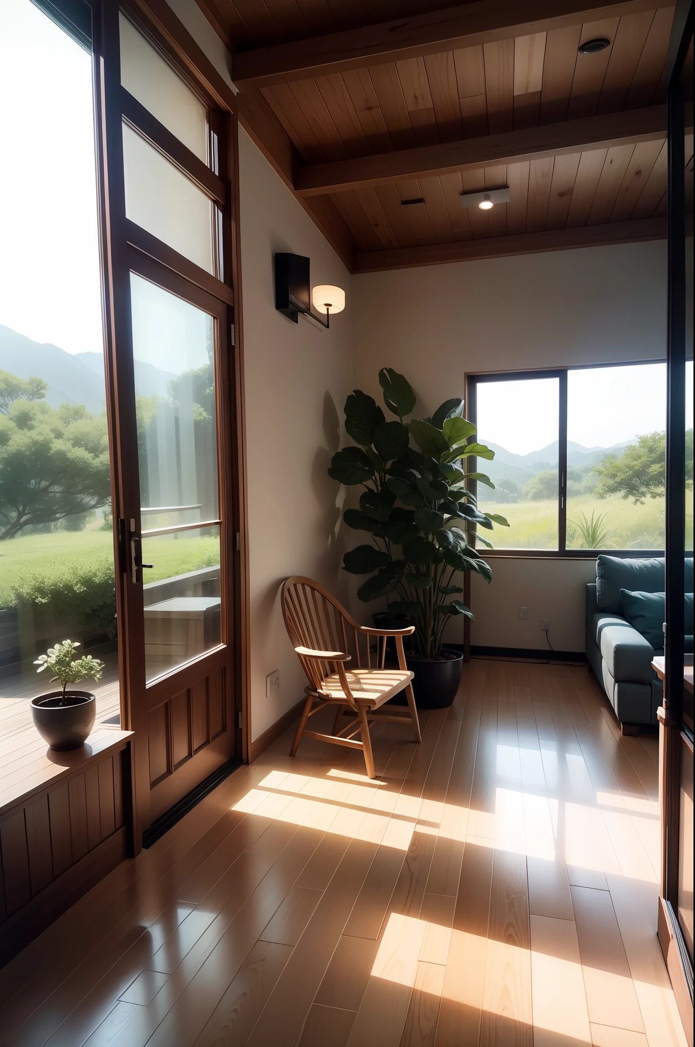 interior design、Insanely detailed wide-angle architectural photo、Cozy contemporary living room、(Bright and warm sunlight 1:0.1)、Award-winning contemporary interior design、landscapes、The table、a chair、in a house、Wooden flooring、window、resturant、east asian east asian architecture、sliding paper doors、abajour、architectural、the woods、naturey、cups、a plant、interior design、Insert lighting and shadows、depth of fields、low illuminance