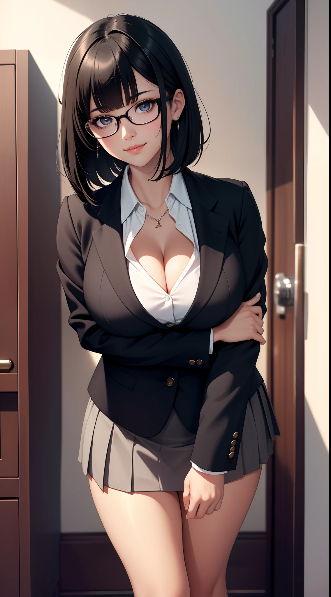 (Best quality:1.1), (Masterpiece:1.2), Highqualityshadow, Beautiful detailed, Beautiful face, Detailed eyes, Off-the-shoulder attire,Depth of field, A high resolution, Best shadow, Best illumination, 1girll, view the viewer, (Black hair:1.3),Brush cut,extra very short hair, Blunt bangs, Long hair, Black eyes, Shy, Large breasts, Miniskirt, blouse, Blazer, Pump, Office Lady, Glasses,cleavage,looks into camera,ssmile,closeup cleavage,Superskirt