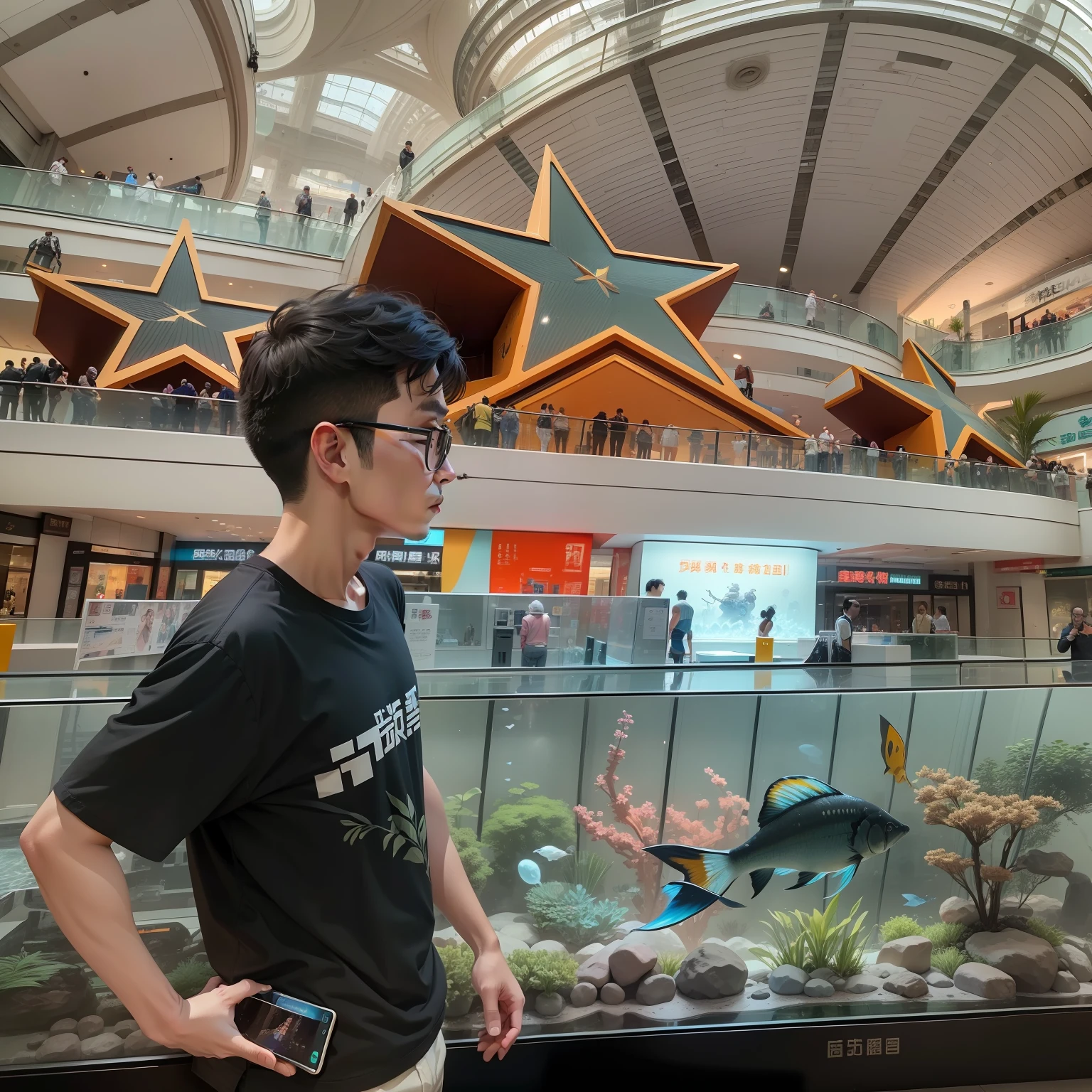 There was a man standing in the mall，Take the fish tank, in a mall, appearing in a shopping mall, in mall, jinyiwei, in magnificent shopping mall, on a futuristic shopping mall, taken with sony alpha 9, beijing, shenzhen, inspired by Ding Yunpeng, chinese artist, taken on iphone 1 3 pro, 🕹️ 😎 🚬