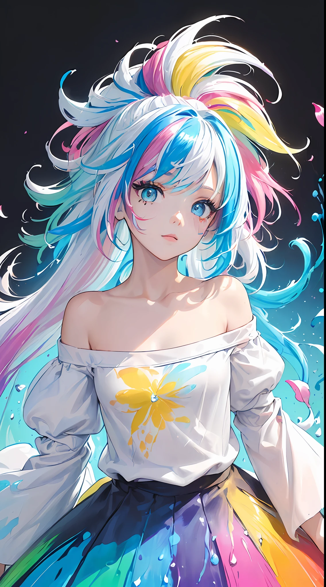 （Pink Fashion T-shirt：1.9），(Colorful hair: 1.8), (all the colours of the rainbow: 1.8),(((((vertical painting：1.6))), （painting：1.6），front, comics, illustrations, paintings, large eyes, crystal clear eyes,（ rainbow color gradient high ponytail：1.7）, exquisite makeup, closed mouth,(Small Fresh: 1.5),(Wipe Chest: 1.6) ，long eyelashes, white off shoulder T-shirt,  White Shoulder Shirt，looking at the audience, large watery eyes, (rainbow colored hair：1.6), color splash, （solo：1.8）, color splash, color explosion, thick paint style, messy lines, ((shining))，(colorful), (colorful), (colorful), colorful, Thick Paint Style, (Splash) (Color Splash), Vertical Painting, Upper Body, Paint Splash, Acrylic Pigment, Gradient, Paint, Highest Image Quality, Highest Quality, Masterpiece, Solo, Depth of Field, Face Paint,  colorful clothes, (Elegant: 1.2), gorgeous,long hair, wind, (Elegant: 1.3), (Petals: 1.4)，(((masterpiece))),(((best quality))),((ultra-detailed)),(illustration),(dynamic angle),((floating)),(paint),((disheveled hair)),(solo),(1girl) , (((detailed anima face))),((beautiful detailed face)),collar,bare shoulders,white hair, ((colorful hair)),((streaked hair)),beautiful detailed eyes,(Gradient color eyes),(((colorful eyes))),(((colorful background))),(((high saturation))),(((surrounded by colorful splashes))),