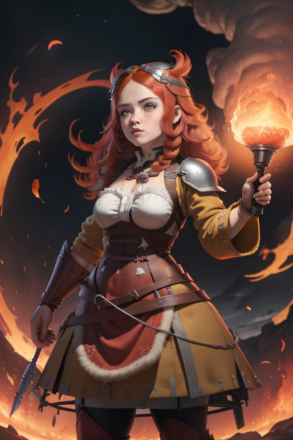 master part, melhor qualidade, dwarf red-haired woman, com um elmo de prata , pulando entre as chamas, com as coxas a mostra com uma armadura de couro , ( lava, vulkan)