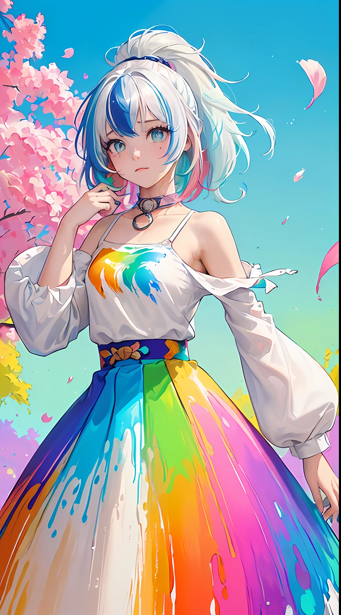 (Pink Fashion T-shirt:1.9),(Colorful hair: 1.8), (all the colours of the rainbow: 1.8),(((((vertical painting:1.6))), (painting:1.6),front, comics, illustrations, paintings, large eyes, crystal clear eyes,( rainbow color gradient high ponytail:1.7), exquisite makeup, closed mouth,(Small Fresh: 1.5),(Wipe Chest: 1.6) ,long eyelashes, white off shoulder T-shirt, White Shoulder Shirt,looking at the audience, large watery eyes, (rainbow colored hair:1.6), color splash, (solo:1.8), color splash, color explosion, thick paint style, messy lines, ((shining)),(colorful), (colorful), (colorful), colorful, Thick Paint Style, (Splash) (Color Splash), Vertical Painting, Upper Body, Paint Splash, Acrylic Pigment, Gradient, Paint, Highest Image Quality, Highest Quality, Masterpiece, Solo, Depth of Field, Face Paint, colorful clothes, (Elegant: 1.2), gorgeous,long hair, wind, (Elegant: 1.3), (Petals: 1.4),(((masterpiece))),(((best quality))),((ultra-detailed)),(illustration),(dynamic angle),((floating)),(paint),((disheveled hair)),(solo),(1girl) , (((detailed anima face))),((beautiful detailed face)),collar,bare shoulders,white hair, ((colorful hair)),((streaked hair)),beautiful detailed eyes,(Gradient color eyes),(((colorful eyes))),(((colorful background))),(((high saturation))),(((surrounded by colorful splashes))),