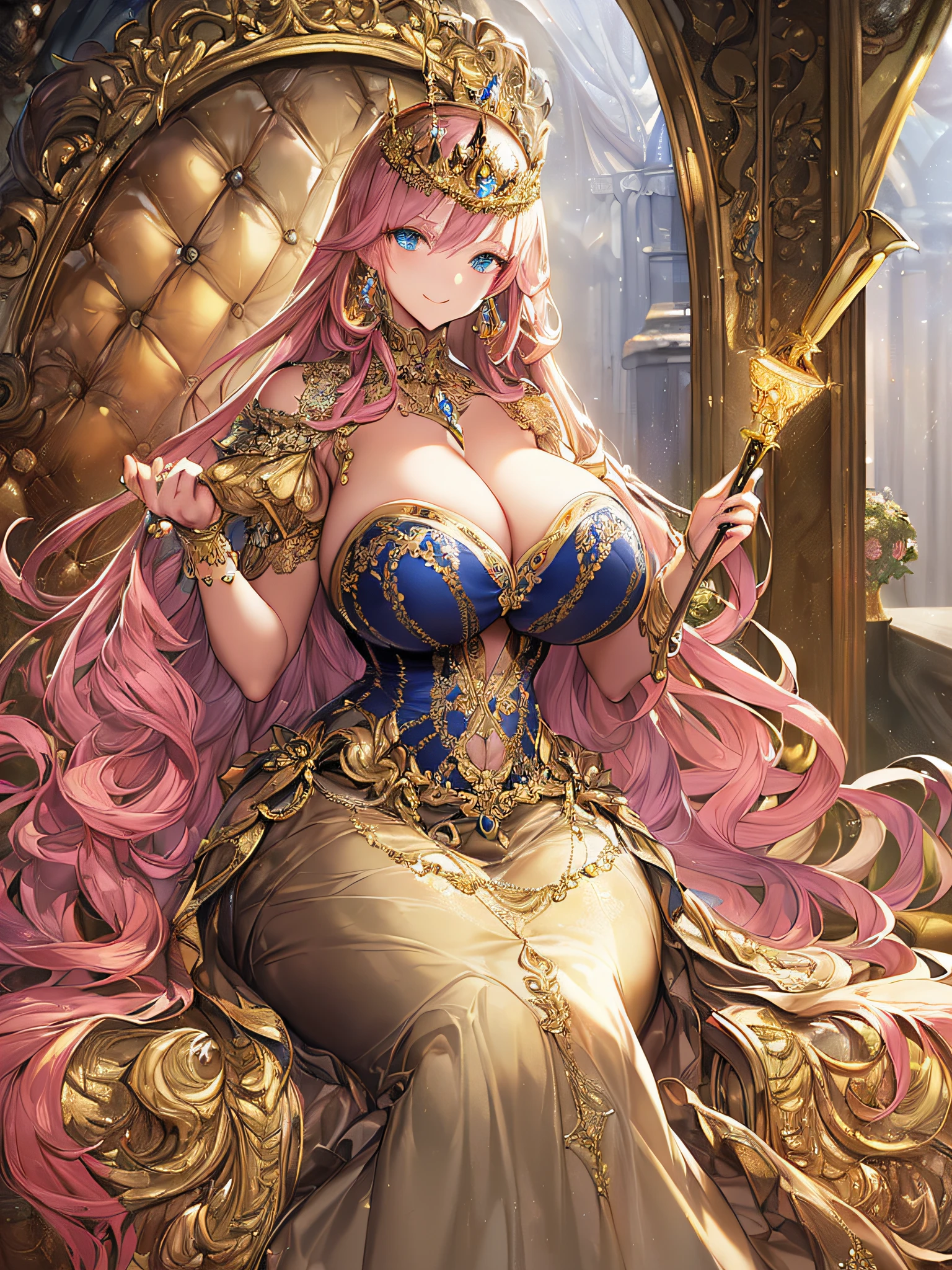 ((anime artstyle)),(Masterpiece),(Best Quality), (Super Detail),((Very Delicate and Beautiful)),(((Solo))),((full body)),(((milf))),(((1 queen in beautiful embroidery and jeweled bling-bling gorgeous rococo ball gown dress with voluminous full length hoop skirt,))),sitting on the throne,(bling-bling),Long train,(((sitting on the gorgeous throne in the throne room,holding a scepter in one hand))),(bling-bling gorgeous gemstone jewelry),detailed face and eyes,jewel-like eyes,seductive smile,((large amount of straight hair,extremely voluminous Very Long Hair,Very Long Straight Hair)),(((gigantic tits,Long tits))),cleavage,(gorgeousfull embroidery and lace),gorgeous corsage,See-through,extremely gorgeousfull hair ornament,(bling-bling extremely gorgeousfull jeweled tiara),ornate ruffles,(hoop skirt,crinoline),((Dynamic Angle)),Looking at viewer,((full body)),((beautiful embroidery and jeweled extremely gorgeous rococo ball gown dress with voluminous full length hoop skirt))