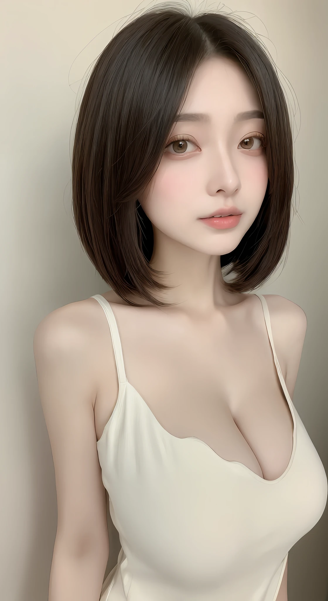perfect figure beautiful woman:1.4,Layered Hair Style,Protruding cleavage:1.2,just wear nothing:1.5,Highly Detailed Face and Skin Textur,Narrow eyes,二重まぶた,Whitens the skin,short detailed hair,full bodyesbian