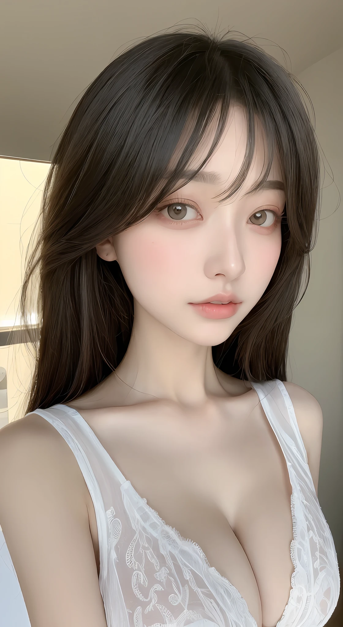 perfect figure beautiful woman：1.4，Layered Hair Style，Protruding cleavage：1.2，just wear nothing：1.5，Highly Detailed Face and Skin Textur，Narrow eyes，二重まぶた，Whitens the skin，short detailed hair，full bodyesbian