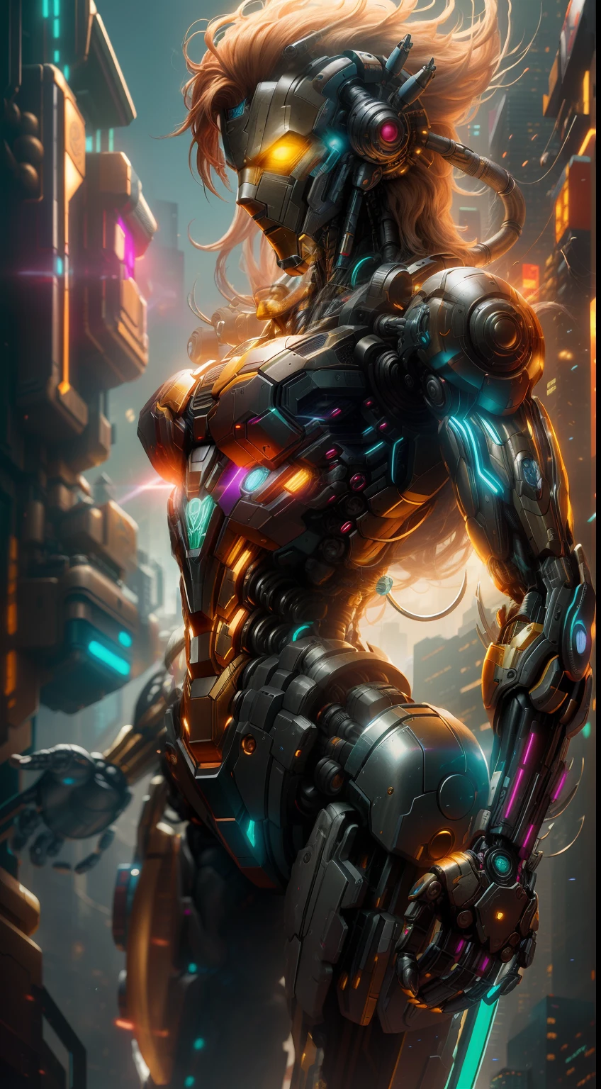 X-man from DC photography, biomechanics, complex robot, golden, full growth, hyper-realistic, crazy little details, incredibly clean lines, cyberpunk aesthetic, masterpiece featured on Zbrush Central, cyberpunk city backdrop