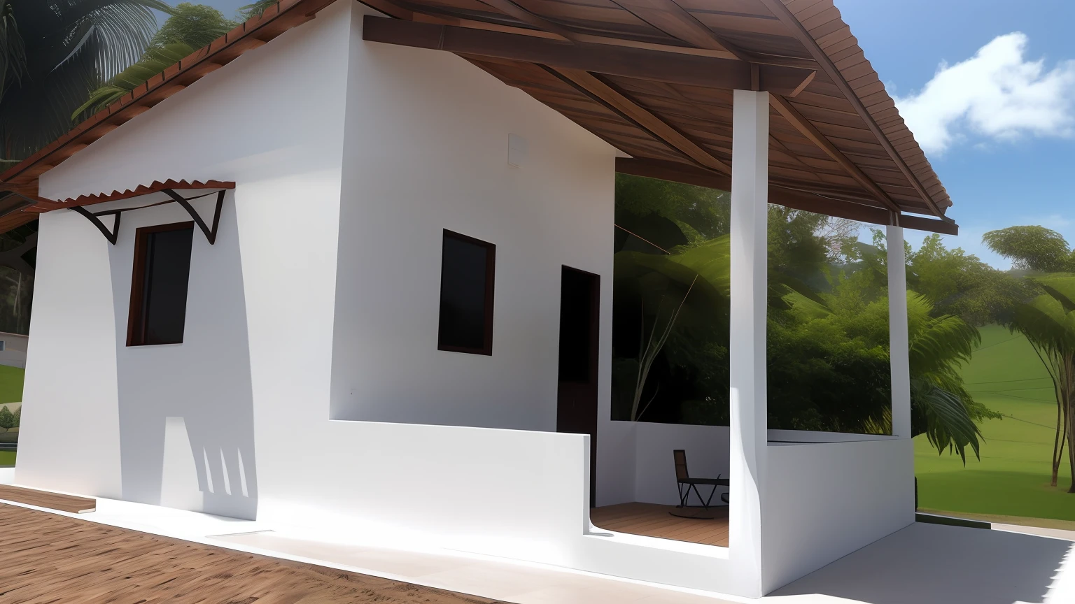There is a small white building with a wooden roof, vista externa, imagem central, Frente, Vista frontal, vista frontal, vista exterior, casa completa, Front view, vista lateral frontal, vista lateral, lado - vista, visto de fora, vista de lado, imagem de listagem, Frente cheia, Vista frontal e lateral, imagem frontal, Frontal