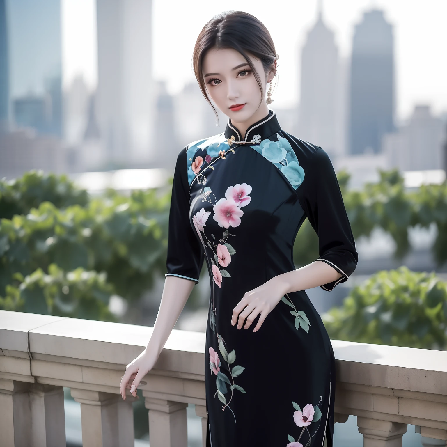 best qualtiy，tmasterpiece，（fidelity：1.2），Medium view of a 20 year old brunette in a transparent cheongsam，high perspective，head looking up，The skyline in the background is out of focus，A detailed face，beautidful eyes，black lence stockings