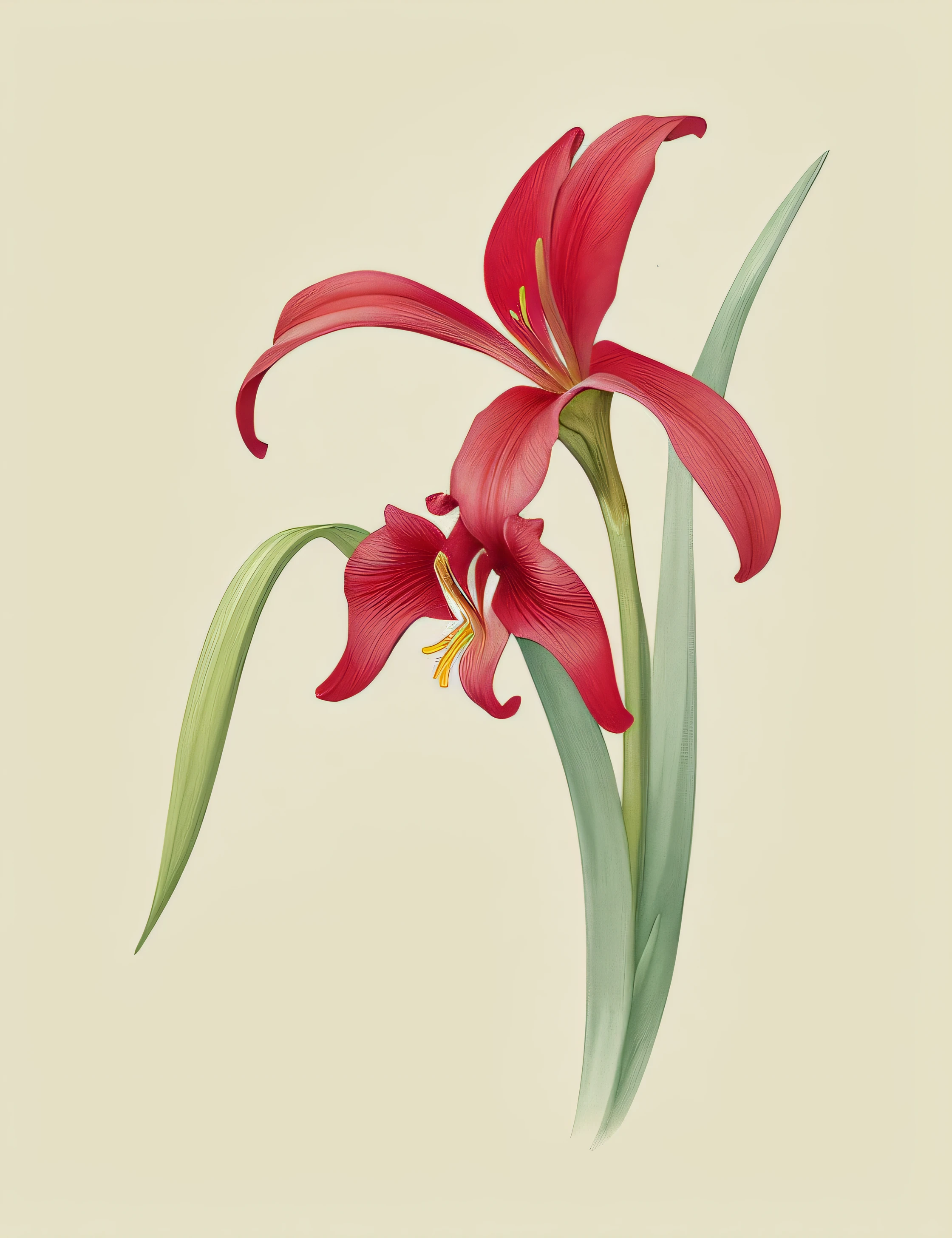uma pintura de uma flor vermelha com folhas verdes em um fundo branco, Red - Iris, red iris, flor vermelha, botanical art, botanic watercolors, Edelweiss Flor, Iris Compiet, botanical illustration, botanical art, rubrum lillies, Directed by: Guilherme Sasnal, representando uma flor, lily flower, botanico, red irises