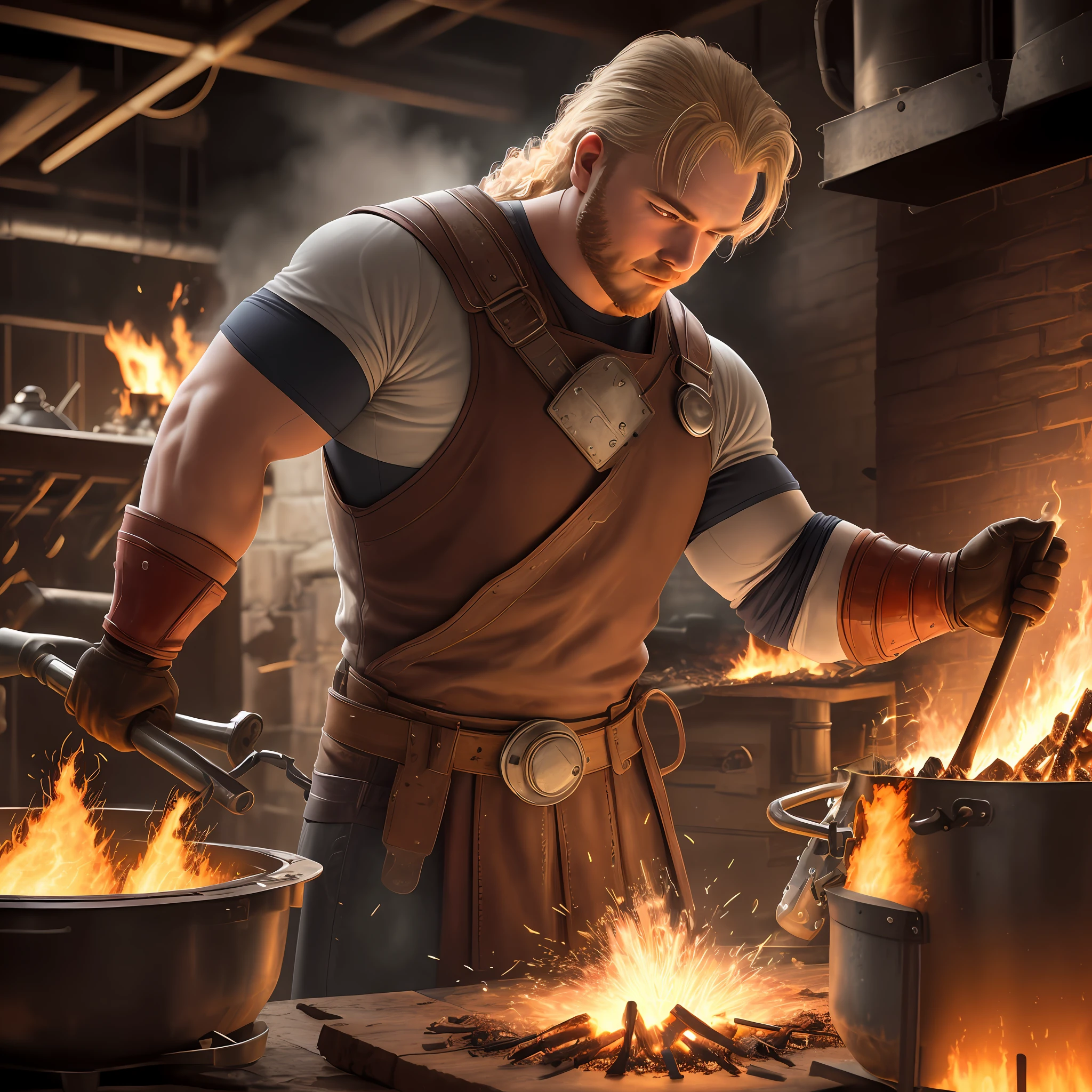 Very detailed strong arm, veins by the hyper-detailed, realistic, ultra HD of a seventeenth-century blacksmith banging a Thor-like hammer on burning iron, very real sparks flying over the place over the workbench, a furnace lit just behind, realistic flames of fire, very real sparks flying, realistic sparks flying;