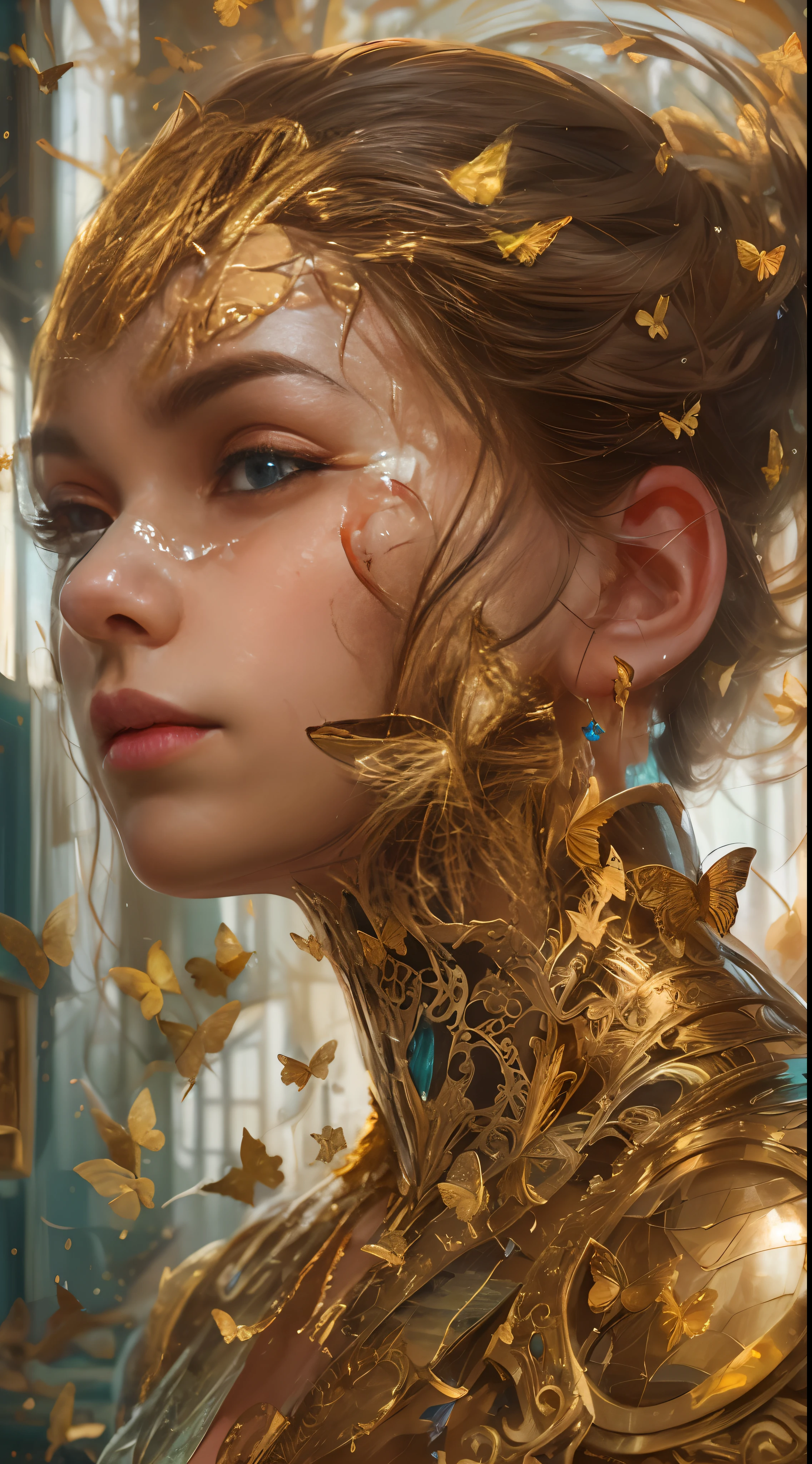 8k portrait of beautiful cyborg with brown hair, intricate, elegant, highly detailed, majestic, digital photography, art by artgerm and ruan jia and greg rutkowski surreal painting gold butterfly filigree, broken glass, (masterpiece, sidelighting, finely detailed beautiful eyes: 1.2), hdr,