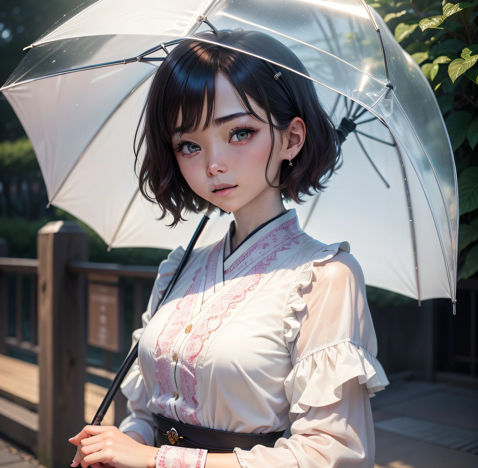 There is a woman holding an umbrella in her hand, 8K!!, With short hair, 8K!, 奈良美智, by Ayami Kojima, clear cute face, 🚿🗝📝, chiho, with small nose, !8K!, !Face, aquiline nose!!