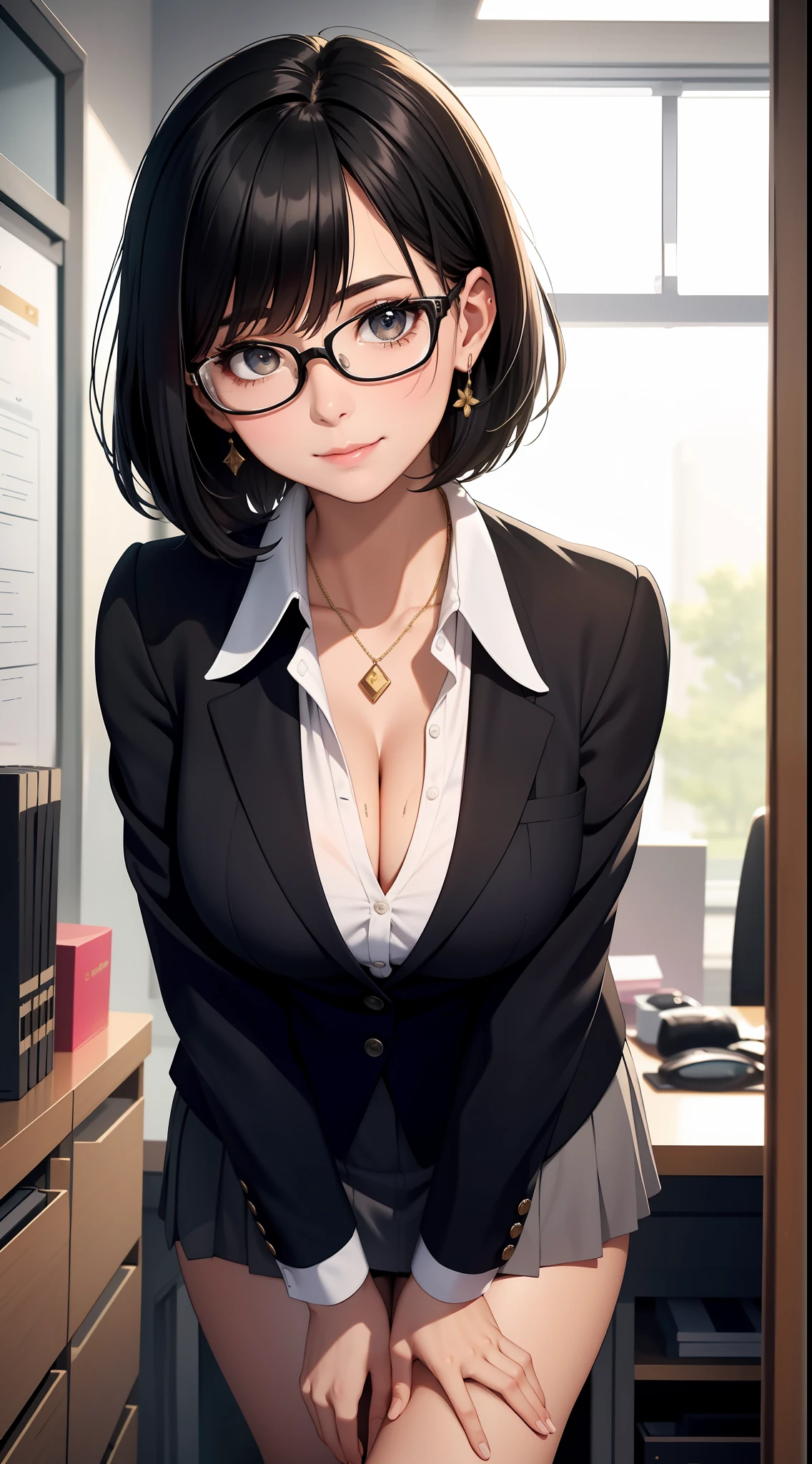 (Best quality:1.1), (Masterpiece:1.2), Highqualityshadow, Beautiful detailed, Beautiful face, Detailed eyes, Off-the-shoulder attire,Depth of field, A high resolution, Best shadow, Best illumination, 1girll, view the viewer, (Black hair:1.3),Brush cut,extra very short hair, Blunt bangs, Long hair, Black eyes, Shy, Large breasts, Miniskirt, blouse, Blazer, Pump, Office Lady, Glasses,cleavage,looks into camera,ssmile,closeup cleavage,Superskirt
