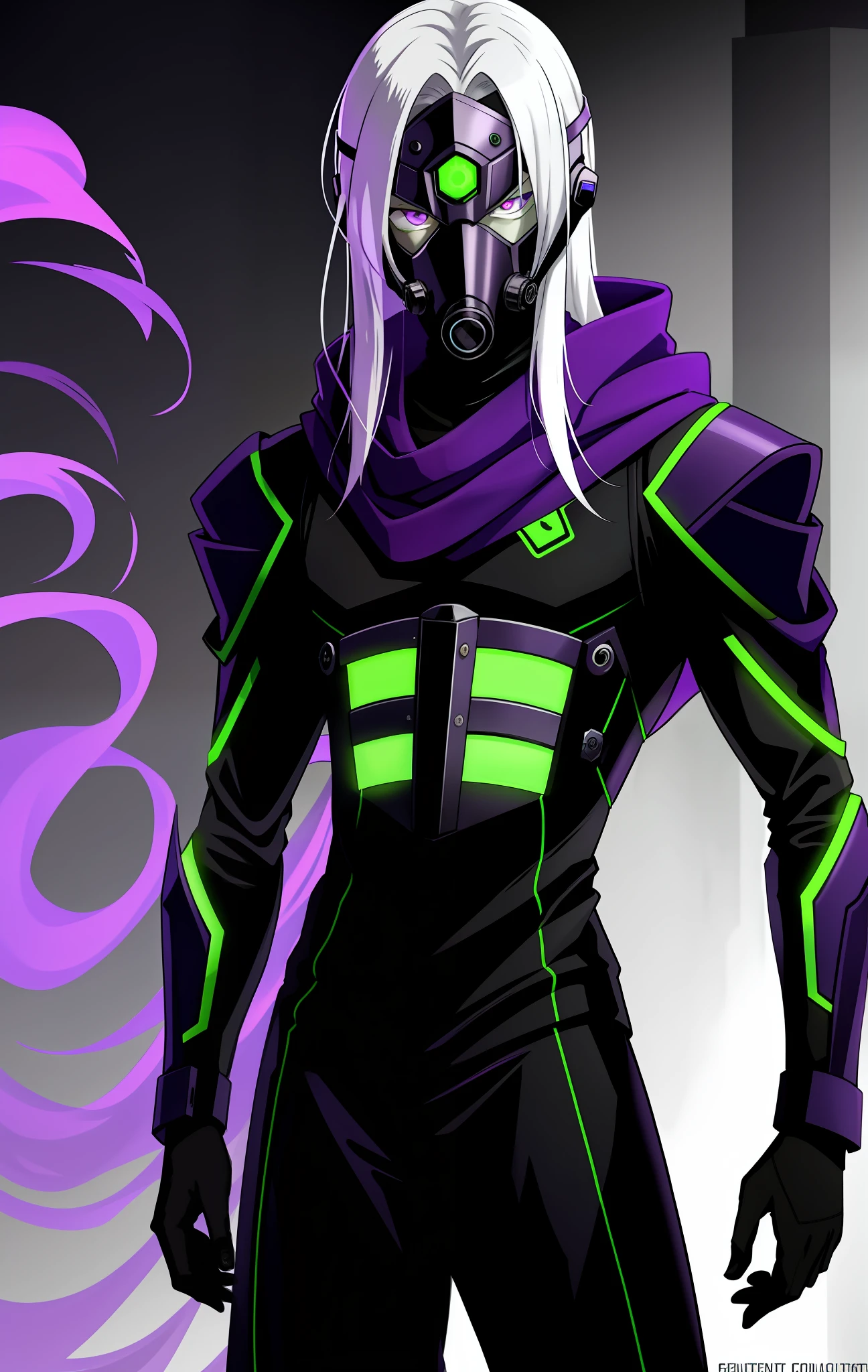 male, 20 years old, pale skin, long white hair, radiation containment suit, evil look, green eyes, very thin, ill, with hood, black suit, with purple smoke around, with purple scarf, wearing gas mask with tubes that connects with clothing, villain, with cylinders on the back