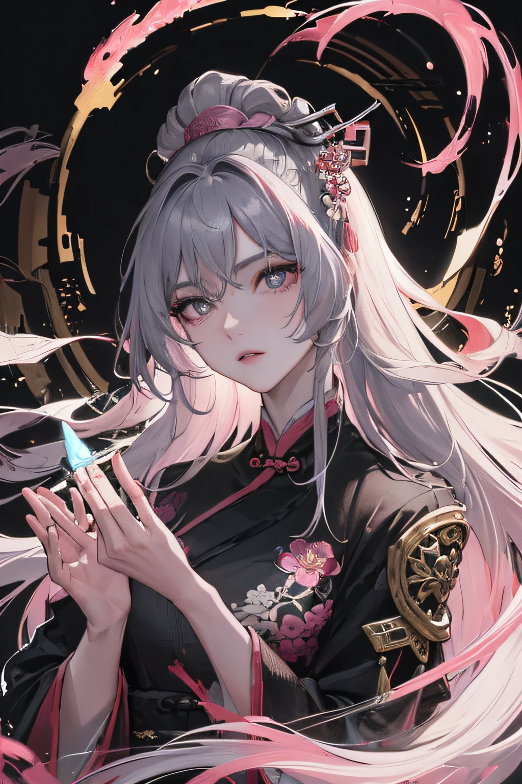 Masterpiece, Best quality, Night, full moon, 1 girl, Mature woman, Chinese style, Ancient China, sister, Royal Sister, Cold expression, Expressionless face, Black and white woman with long hair, Light pink lips, calm, Intellectual, tribelt, Gray pupils, assassins, short knife, flower ball background, Stroll through the street view