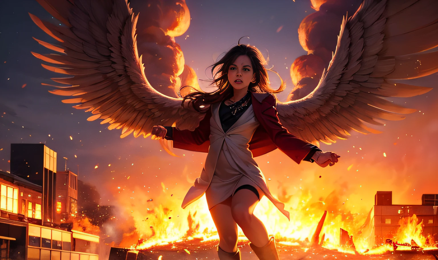 A medium shot of an angel rising into the sky over a burning city, dramatic lighting, sharp, details, flames, fire, burning buildings, looking at viewer, detailed skin texture, beautiful detailed face, ultra detailed, intricate details,