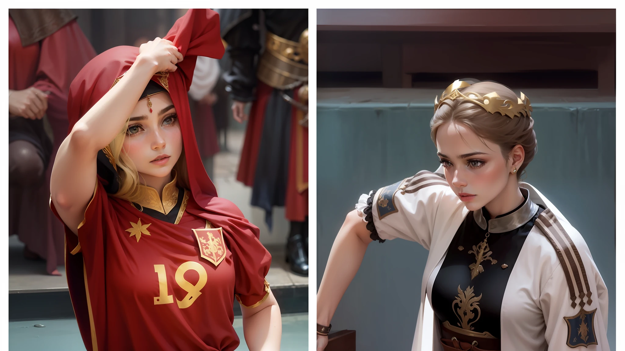 Femenina version of the image, duas mulheres rainhas de roupa medieval, a primeira na cor da roupa vermelha representando a rainha da espanha, e a outra represantando a rainha da alemanha