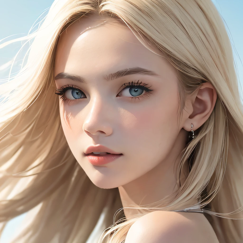 (8K, RAW Photos, of the highest quality, Masterpieces: 1.2), (Realistic, Photorealistic: 1.37), Highest Quality, Ultra High Resolution, light  leaks, Dynamic lighting, Slim and smooth skin, (Full body:1.3), (Soft Saturation: 1.6), (Fair skin: 1.2), (Glossy skin: 1.1), Oiled skin, 22 years old, Night, shiny white blonde, Well-formed, Hair fluttering in the wind, Close-up shot of face only, Physically Based Rendering, From multiple angles, The bikini