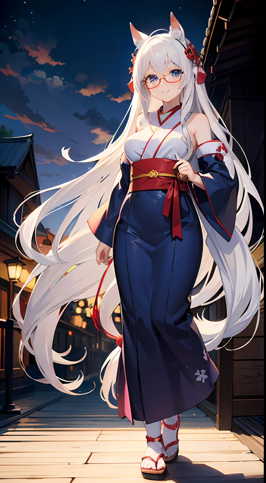 ((Best Quality)), (Ultra-detailed), ((Extremely detailed)), (Beautiful), ((Kawaii Girl))、Hair is white、length hair、Quirk hair、Blue eyes、Girl with horse ears and tail、tall、Breasts are big、Yukata,Sandals,、Red under-rim glasses、One girl、Standing、animesque、Uma Musume、Fireworks,evening,Smile,Full body,looking in camera,