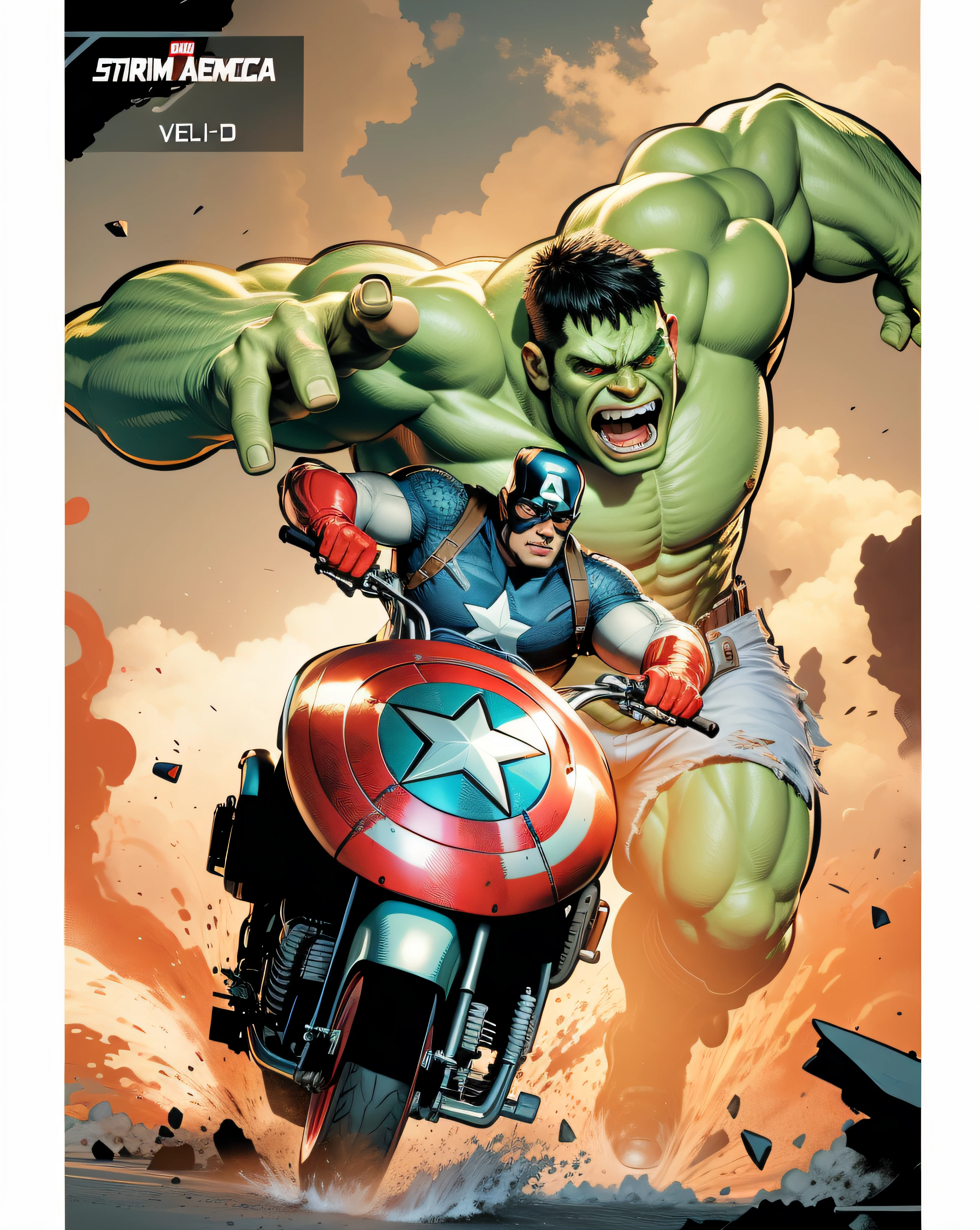 Captain America riding a motorcycle, Hulk running to catch Captain America, obra-prima, melhor qualidade, trabalho de rending 3d, estilo 3DMM, close-up, retrato, 3D,4K.