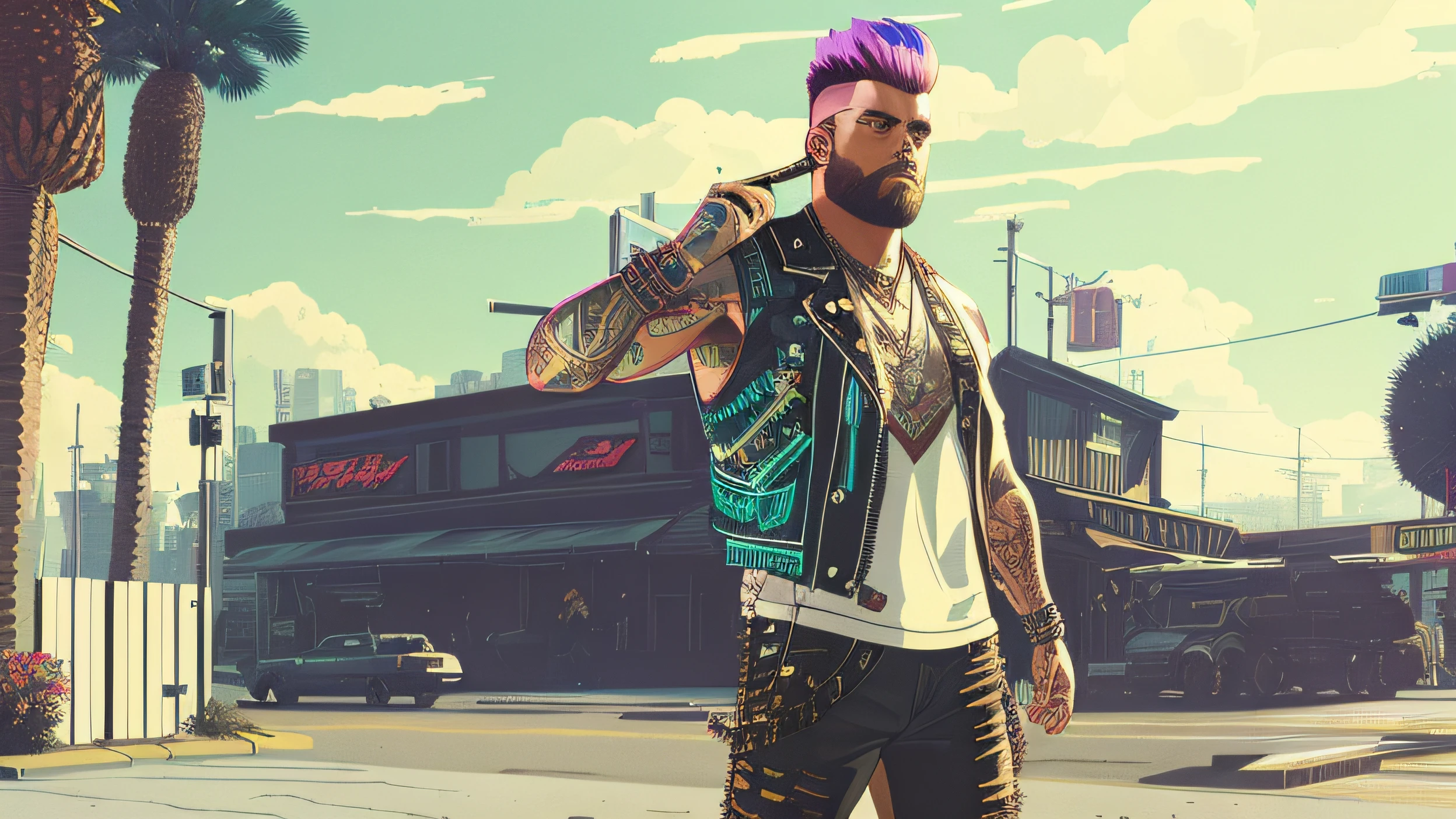 swpunk style,
A stunning intricate full color portrait of a grizzled man with a faux hawk,
synthwave lightgeo and light rays,
wearing a black leather vest,
epic character composition,
thick strokes with paint splatters,
by ilya kuvshinov, alessio albi, nina masic,
sharp focus, natural lighting, subsurface scattering, f2, 35mm, film grain