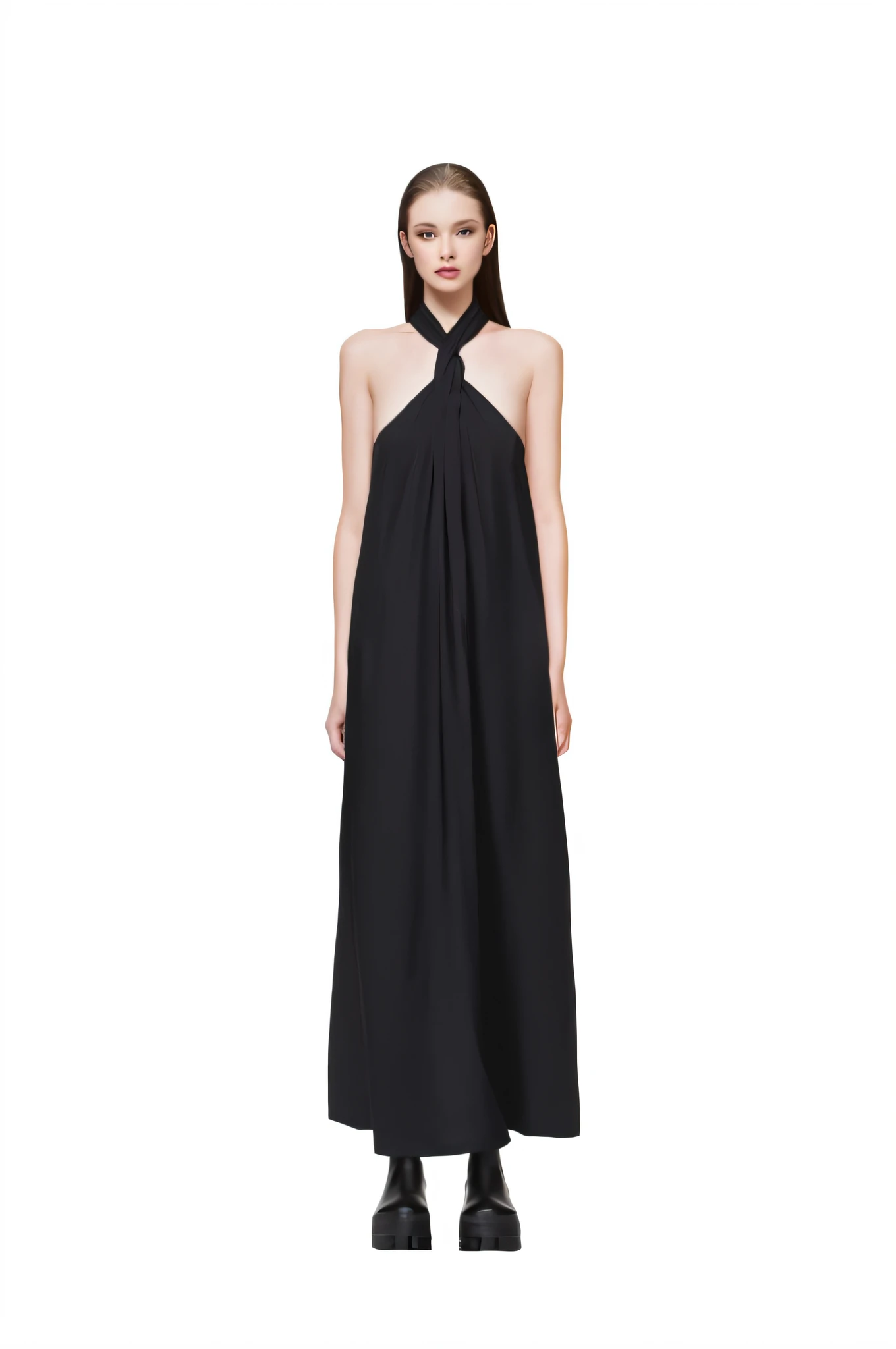 One was wearing a black dress,Woman with a stagnant neck, full - length view, emaciated black evening gown, full - length view, rick owens, full body wide shot, a wide full shot, full lenght shot, full body length shot, full body length, Black gown, full frontal shot, full height view, author:Eva Gonzalez, flowing black gown