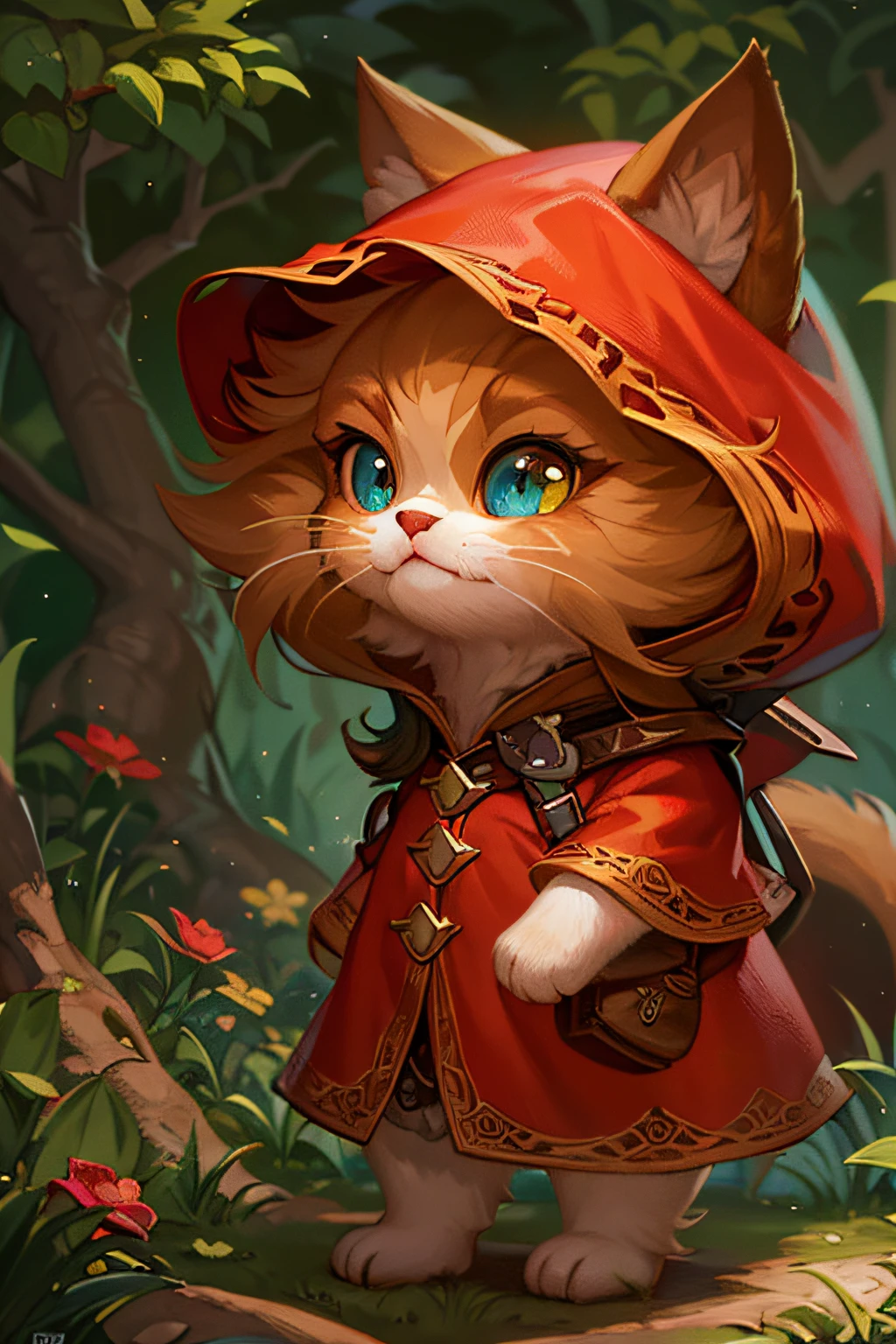 Little Red Riding Hood Persian cat((Non-human))(Fluffy hair),Hazy round eyes,Cute and cute,Little Red Riding Hood on a Midsummer Eve,Cute detailed digital art, cute detailed artwork, adorable digital art, lovely digital painting, higher detailed illustrations,cute artwork, Colorful illustration, very detailed illustration, cute illustration,Tyndall effect lighting,Pearlescent mother color