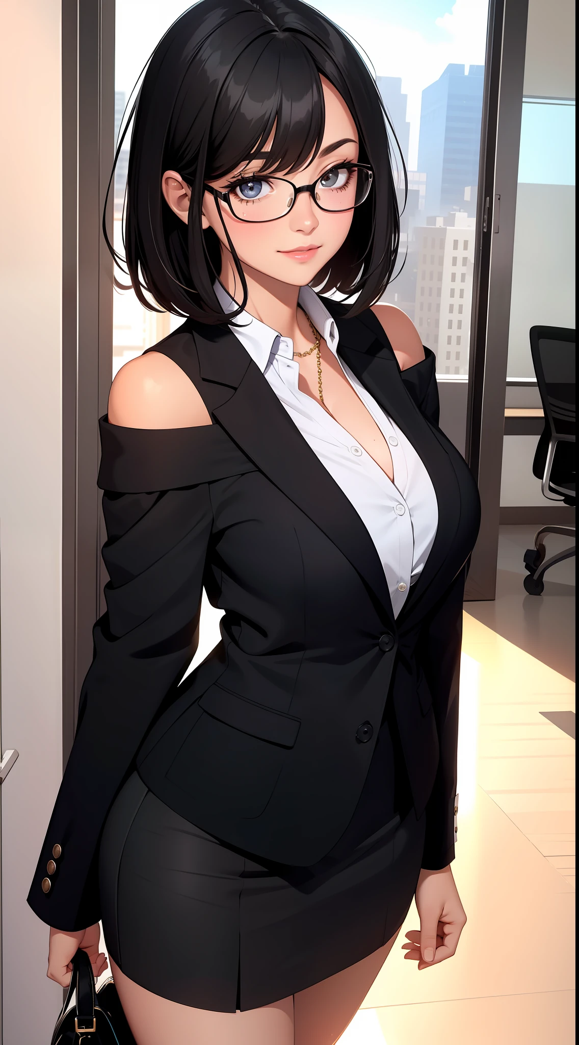 (Best quality:1.1), (Masterpiece:1.2), Highqualityshadow, Beautiful detailed, Beautiful face, Detailed eyes, Off-the-shoulder attire，Depth of field, A high resolution, Best shadow, Best illumination, 1girll, view the viewer, （Black hair:1.3)，Brush cut，extra very short hair, Blunt bangs, Long hair, Black eyes, Shy, Large breasts, Miniskirt, blouse, Blazer, Pump, Office Lady, Glasses,cleavage，looks into camera，ssmile，closeup cleavage，Superskirt
