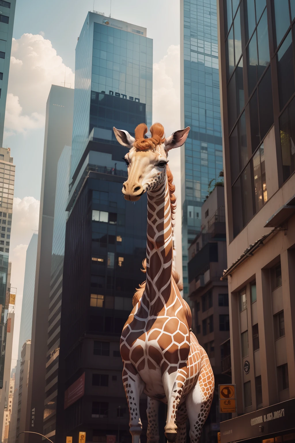 Gina, a girafa, He lived in a cramped and chaotic city, surrounded by tall buildings and bustling streets. Muitas vezes, sentia-se sobrecarregada pelo barulho e pelo movimento constante ao seu redor. Apesar de seu tamanho, Gina lutou para encontrar seu lugar nesta selva urbana.