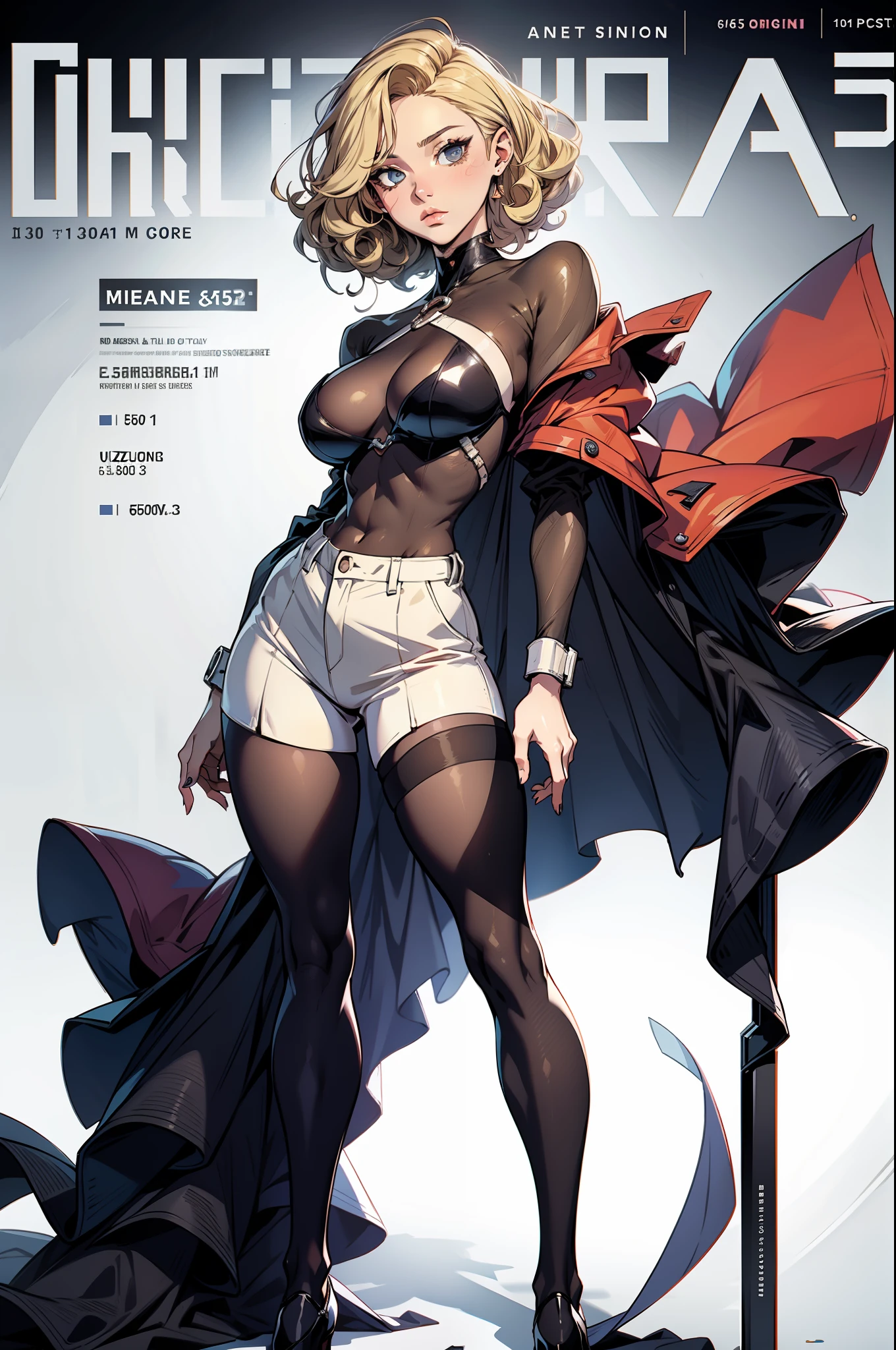 MagazineCover:1.3),Ulzzang-6500,Cover text,Chino,(Realistis:1.3)(Cover style:1.3)(Original:1.2),tmasterpiece,best qualtiy,woman,short blonde curly hair,(Digital distortion),pixelated fragments,corrupted data,Color noise,visual chaos,contemporary aesthetics,posing elegantly,full body1:1