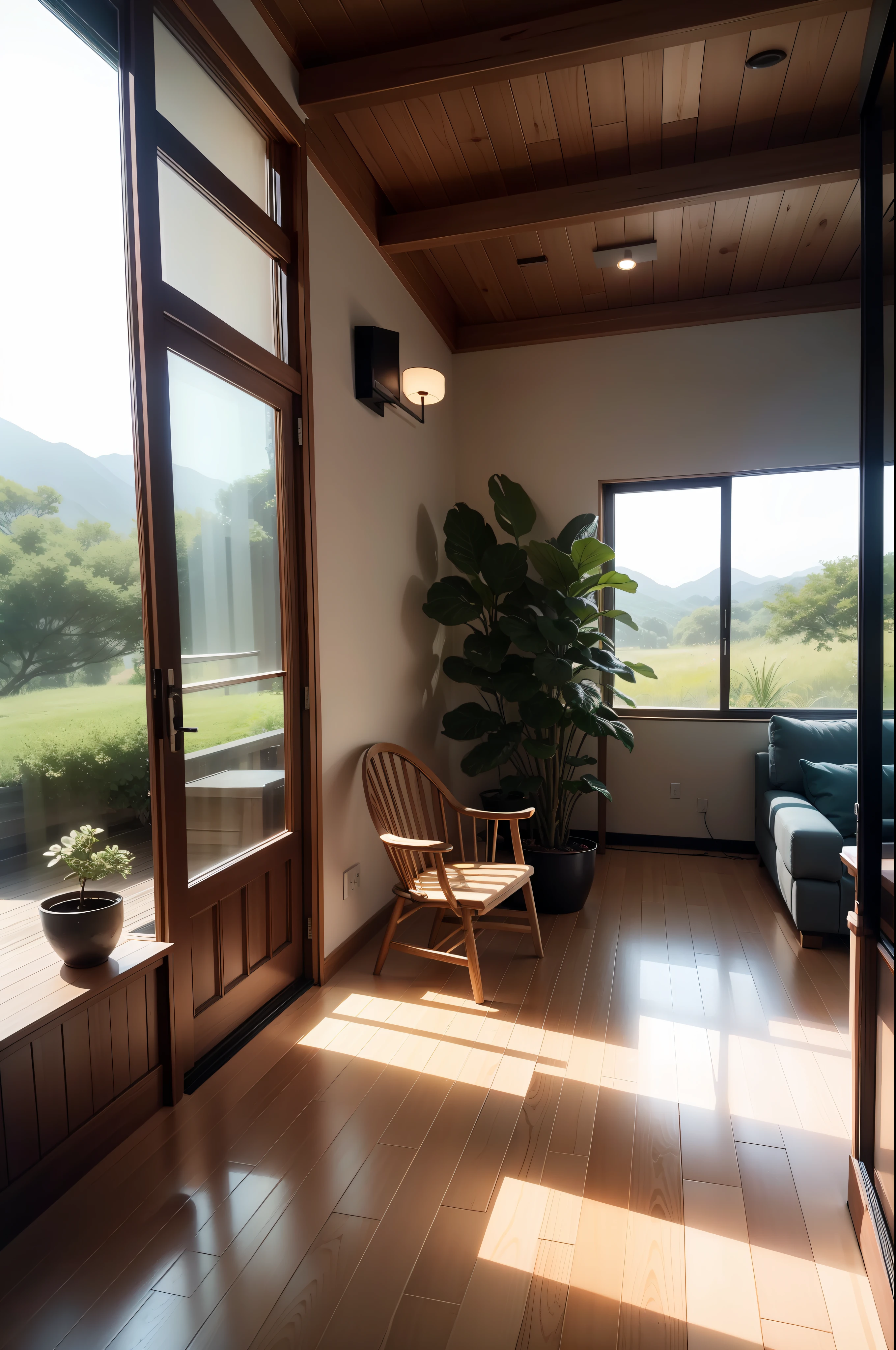 interior design、Insanely detailed wide-angle architectural photo、Cozy contemporary living room、(Bright and warm sunlight 1:0.1)、Award-winning contemporary interior design、landscapes、The table、a chair、in a house、Wooden flooring、window、resturant、east asian east asian architecture、sliding paper doors、abajour、architectural、the woods、naturey、cups、a plant、interior design、Insert lighting and shadows、depth of fields、low illuminance