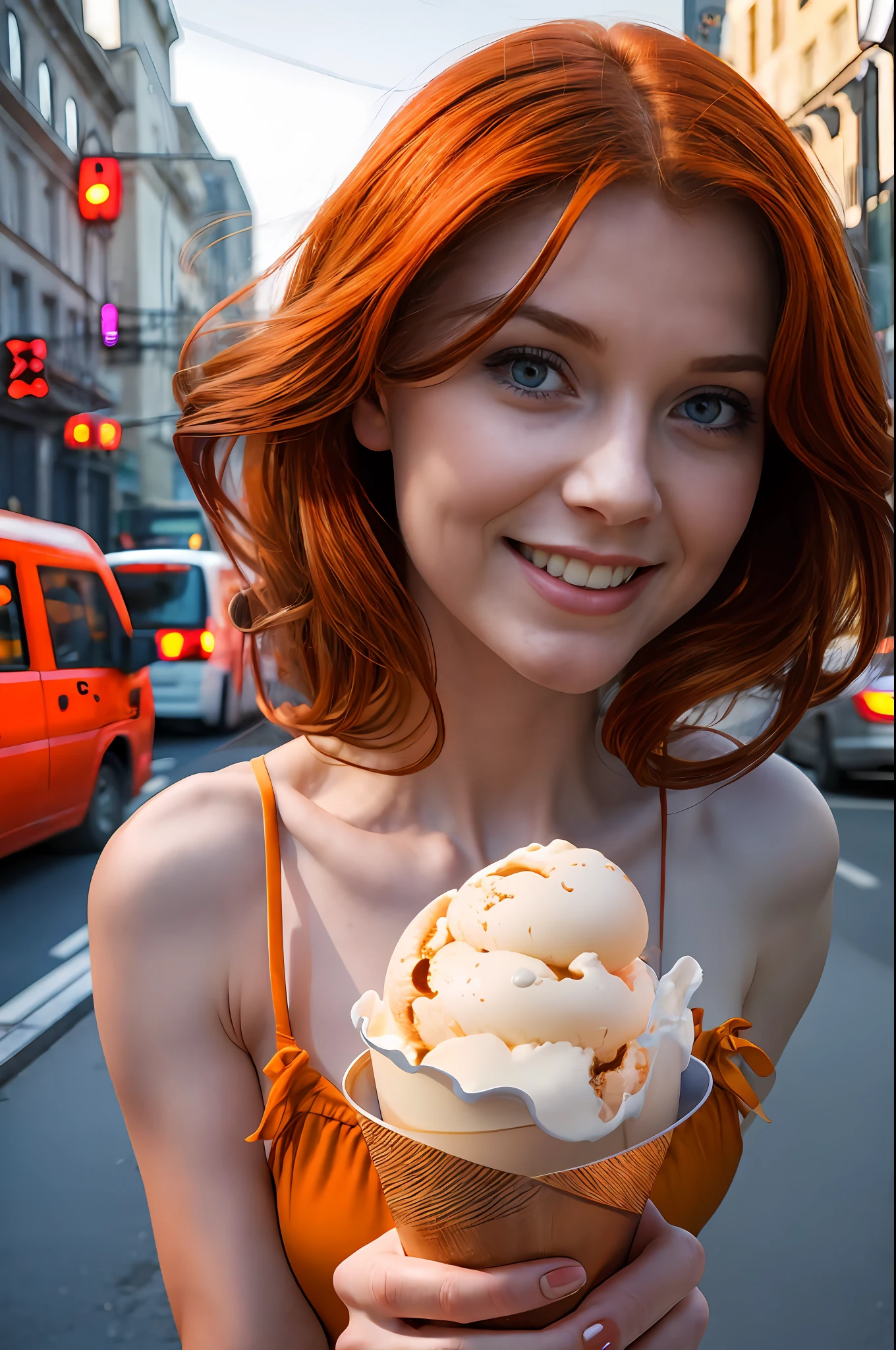 incredible redhead is on the streeet with an really lovely smile and  a impressive icecream, realistic,  incredible face, detailed 
 almond shape eyes, mystical girl, lovely, medium hair moving with the air, intricate background, atmospheric view, nostalgic happiness, urban photo, people moving, depth field, she is the only one person in slow mo, heavy detailed environment, instaphoto, photo of the year,  atmospheric view,Detailedface,