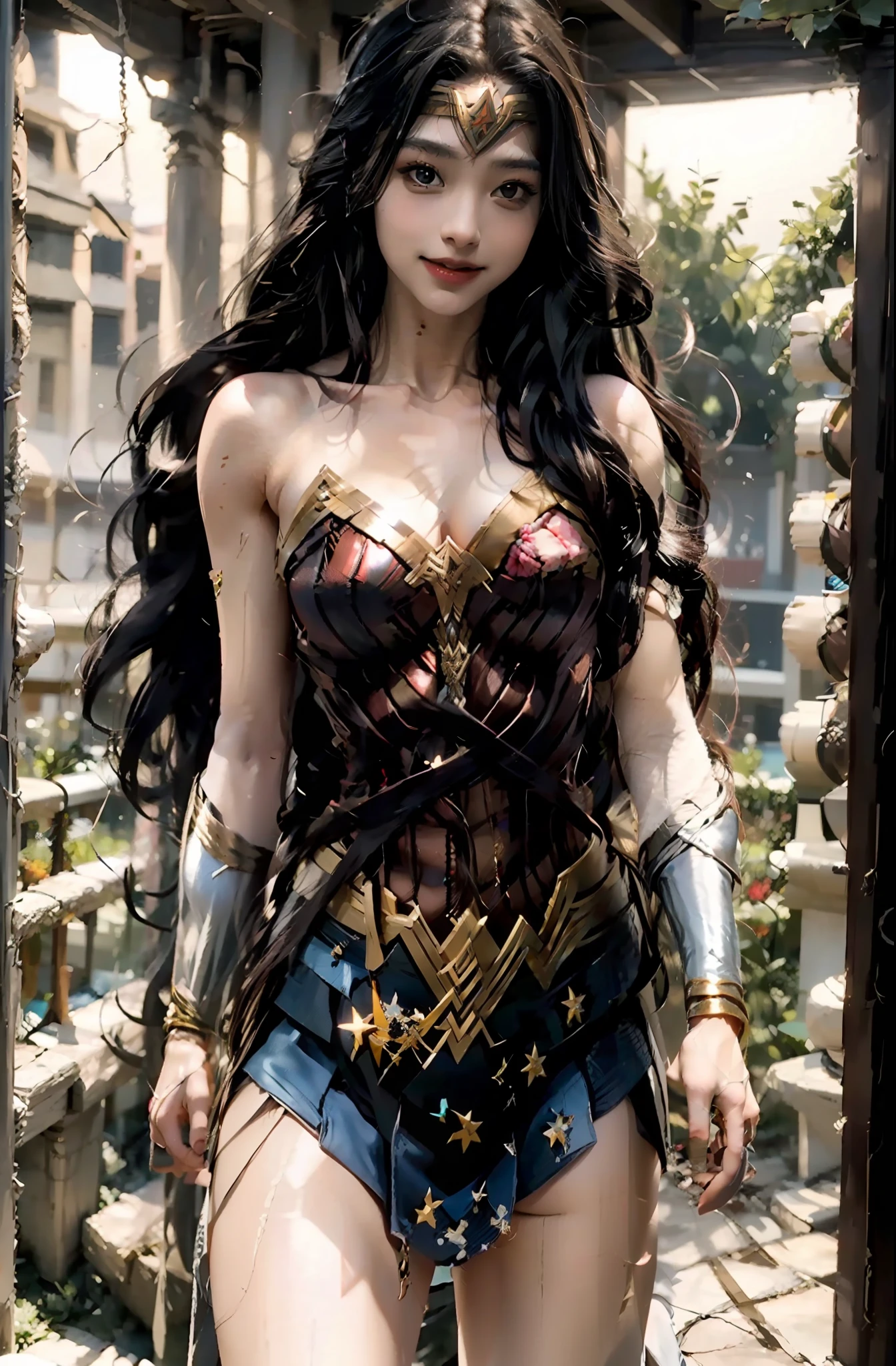Best Quality, Masterpiece, Super High Resolution, 1girl, Wonder Woman, Glowing Skin, Light Smile,