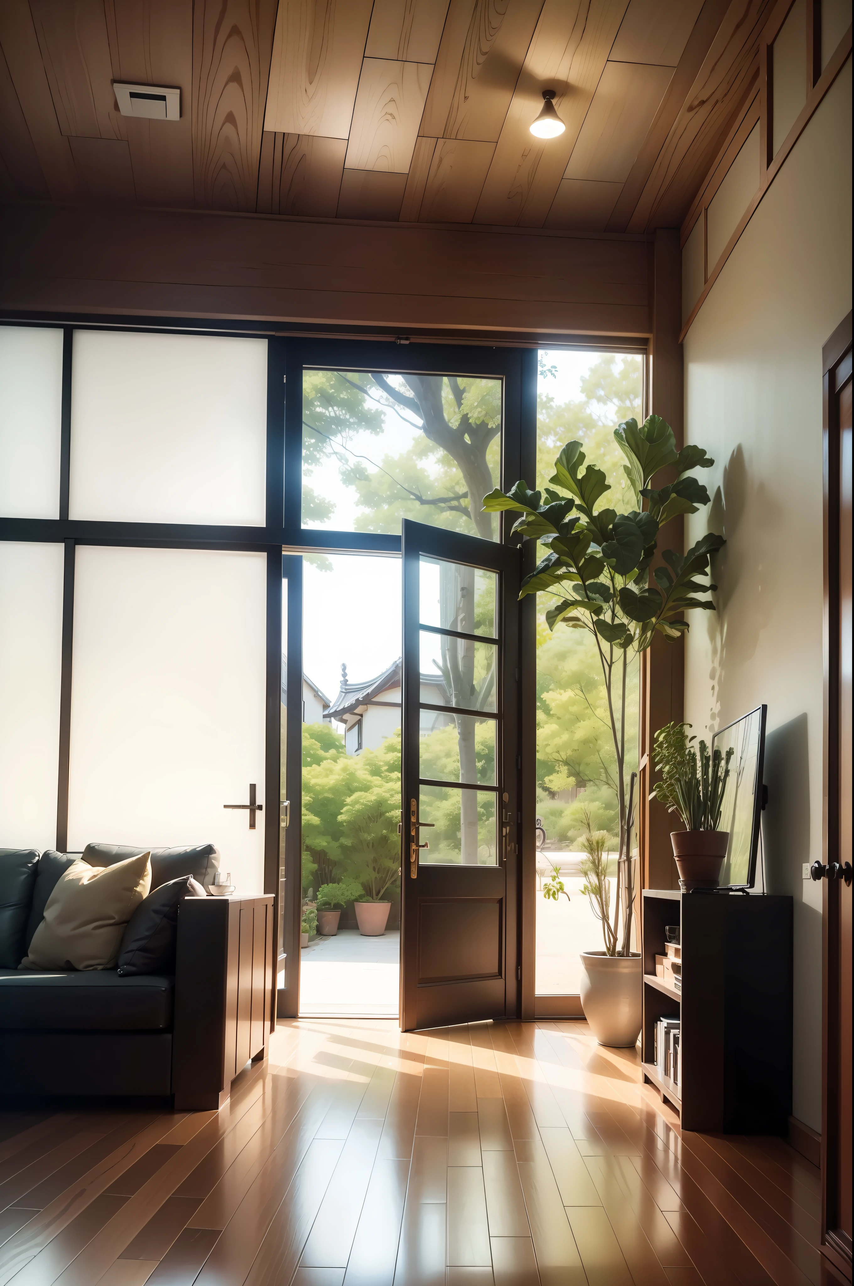 interior design、Insanely detailed wide-angle architectural photo、Cozy contemporary living room、(Bright and warm sunlight 1:0.1)、Award-winning contemporary interior design、landscapes、The table、a chair、in a house、Wooden flooring、window、resturant、east asian east asian architecture、sliding paper doors、abajour、architectural、the woods、naturey、cups、a plant、interior design、Insert lighting and shadows、depth of fields、low illuminance