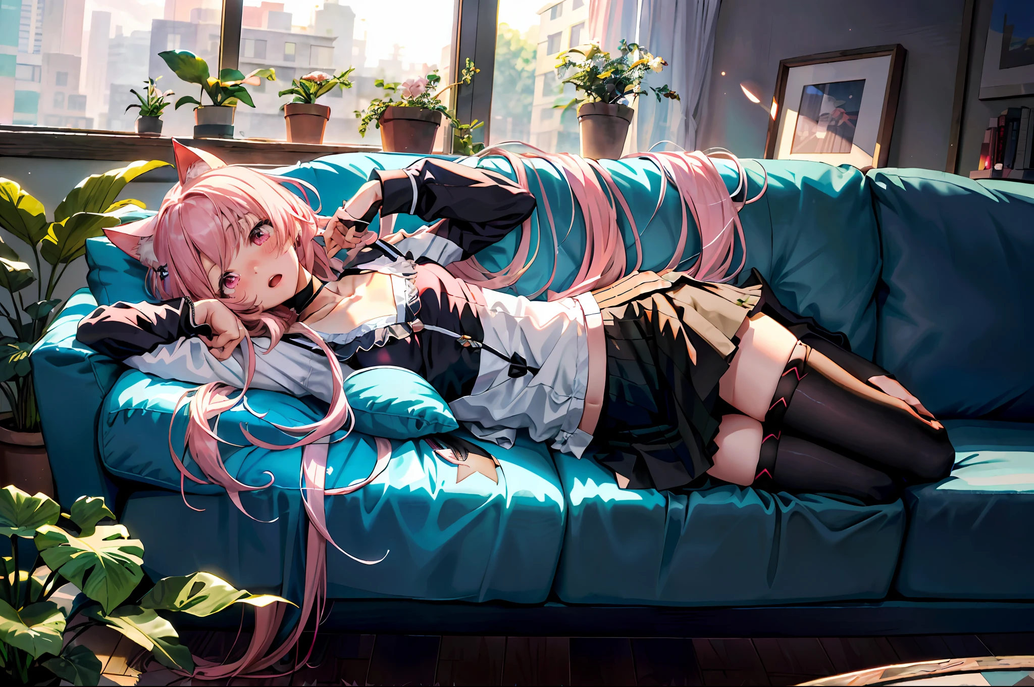 (Masterpiece, best quality:1.4), (ultra-detailed), color full, color full, God rays, ray tracing, dutch angle, look down,
1girl,  solo, pink hair, (medium breasts),long hair, pink eyes, cat ears, collarbone, wrist cuffs, bow, white shirt, skirt, miniskirt, (black legwear:1.3), hair flower, open mouth, blush, nose blush, tell your world \(vocaloid\),
(Get on the couch, lying on stomach, on stomach), looking at viewer, full body, solo focus, staring, head tilt, hand on own face, head rest, arm support, (medium breasts:1.3),(thighhigh holes:1.3)
Living room, plants, flowers, sofa, floor-to-ceiling windows, lights, windows, night, sky,pov