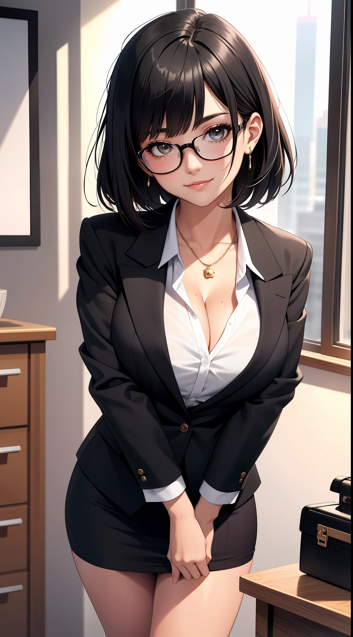 (Best quality:1.1), (Masterpiece:1.2), Highqualityshadow, Beautiful detailed, Beautiful face, Detailed eyes, Off-the-shoulder attire,Depth of field, A high resolution, Best shadow, Best illumination, 1girll, view the viewer, (Black hair:1.3),Brush cut,extra very short hair, Blunt bangs, Long hair, Black eyes, Shy, Large breasts, Miniskirt, blouse, Blazer, Pump, Office Lady, Glasses,cleavage,looks into camera,ssmile,closeup cleavage,Superskirt