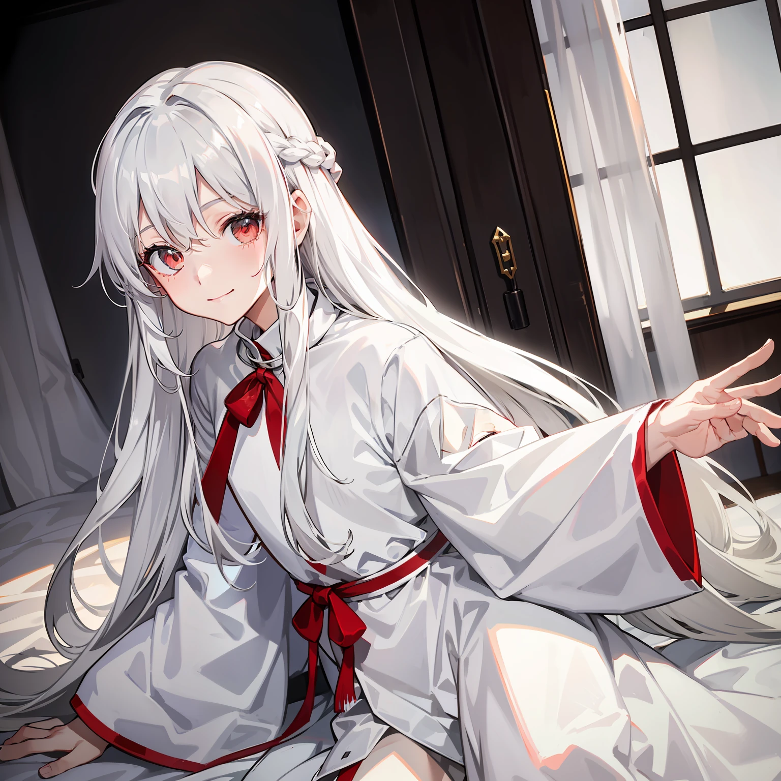 silver-white long hair,Pale gray eyes,Light white clothes,Kizi,,With a smile on his face,There is a bright red scar on his face,calm expression,infirmary