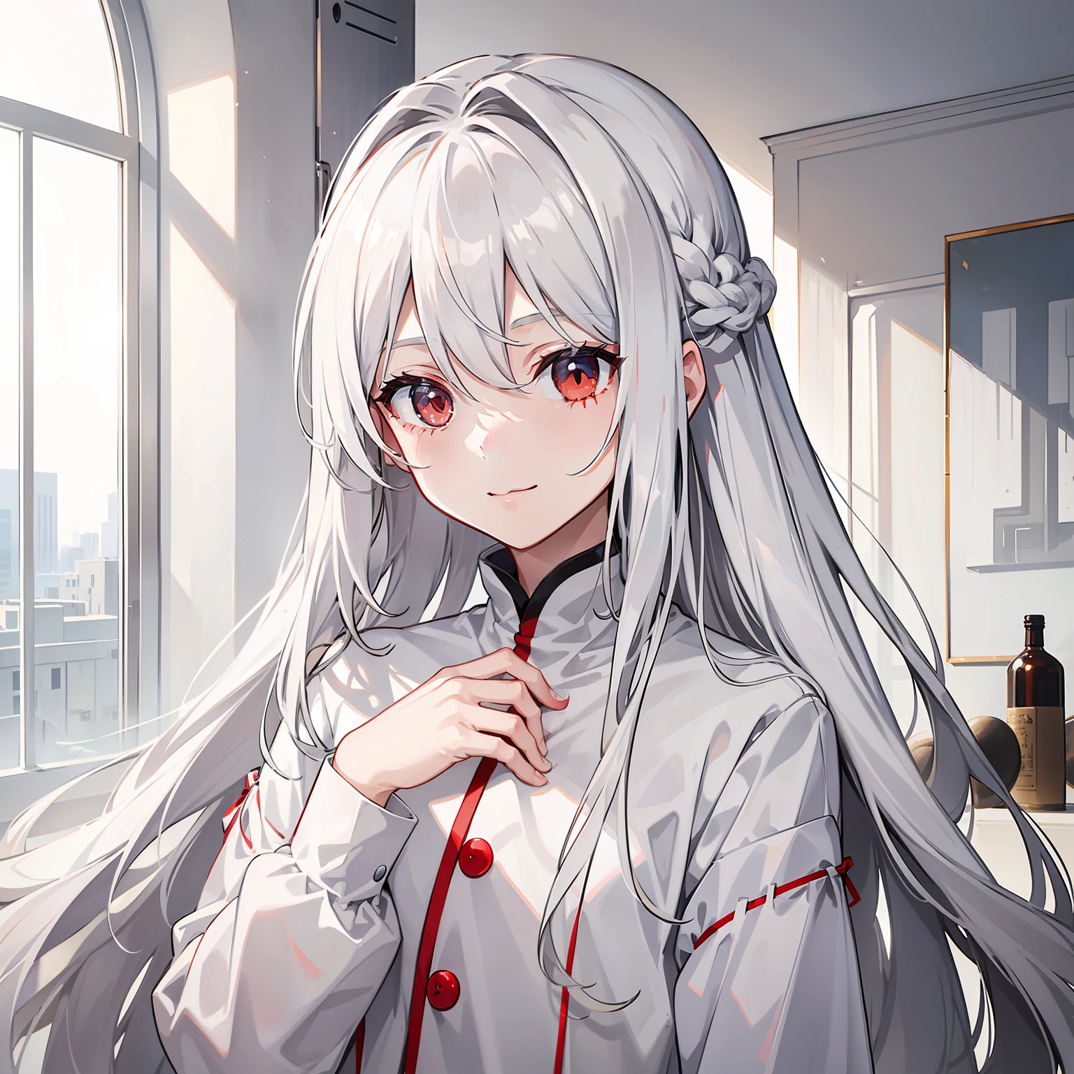 silver-white long hair,Pale gray eyes,Light white clothes,Kizi,,With a smile on his face,There is a bright red scar on his face,calm expression,infirmary