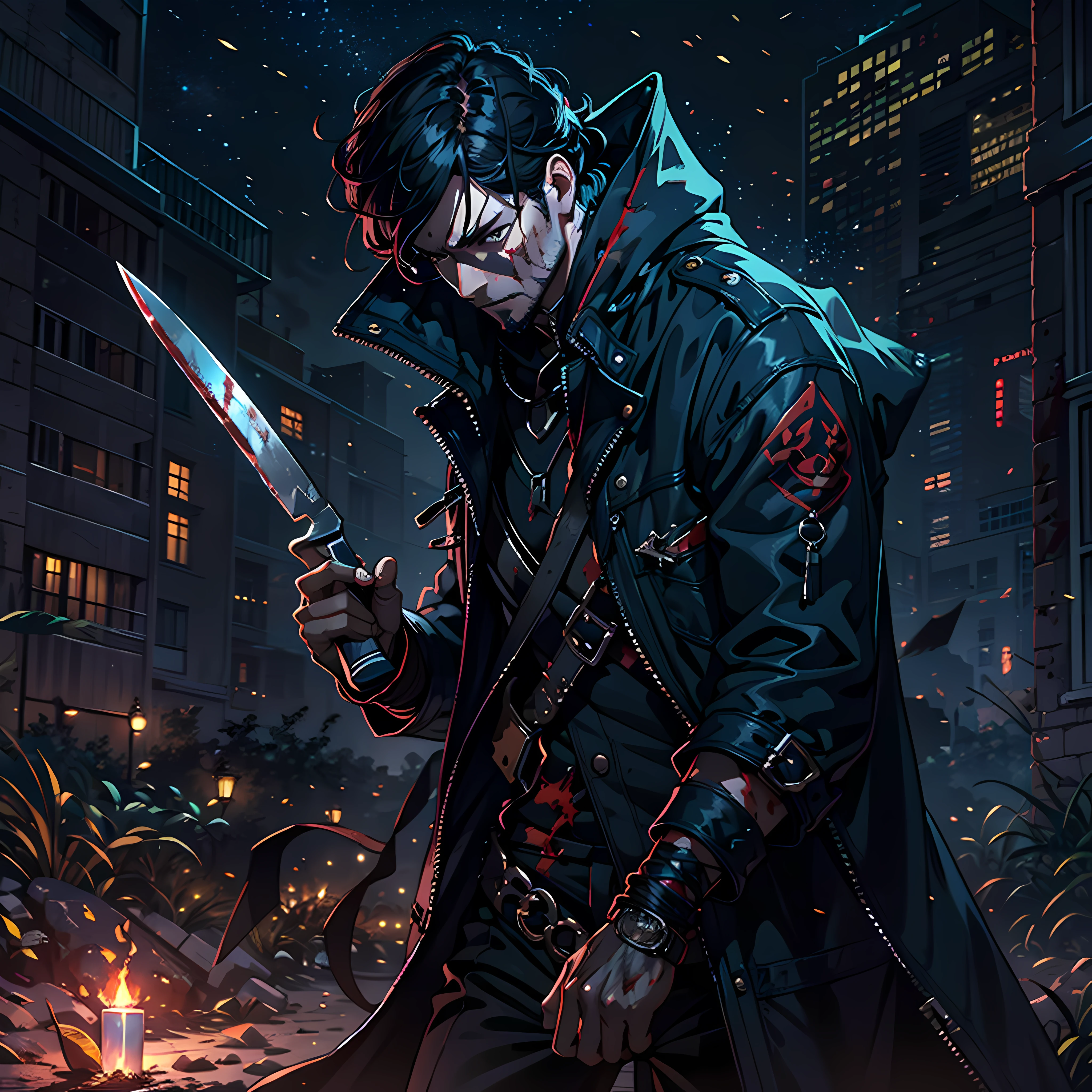 The Demon Hunter is a young man with black hair and a beard,Wears a blue trench coat with a black pattern and a black cape。He carries a short knife,Pants pinned to put the M500 revolver。The knife flashed,A head flies high,The blood in his chest sprayed the Demon Hunter's face。Make the demon hunter originally look young、A beautiful face,It becomes unusually hideous。Glancing at the lifeless corpses on the ground,The demon hunter casually pulled up a tablecloth next to him,Wiped his face and the short knife in his hand,(Bent down and carefully examined the head on the ground:1.3)。The ground was littered with blood and limbs and heads。Underground warehouse,The sky was dark outside,storming,Occasional lightning。themoon, Dark theme, optic, fanciful。