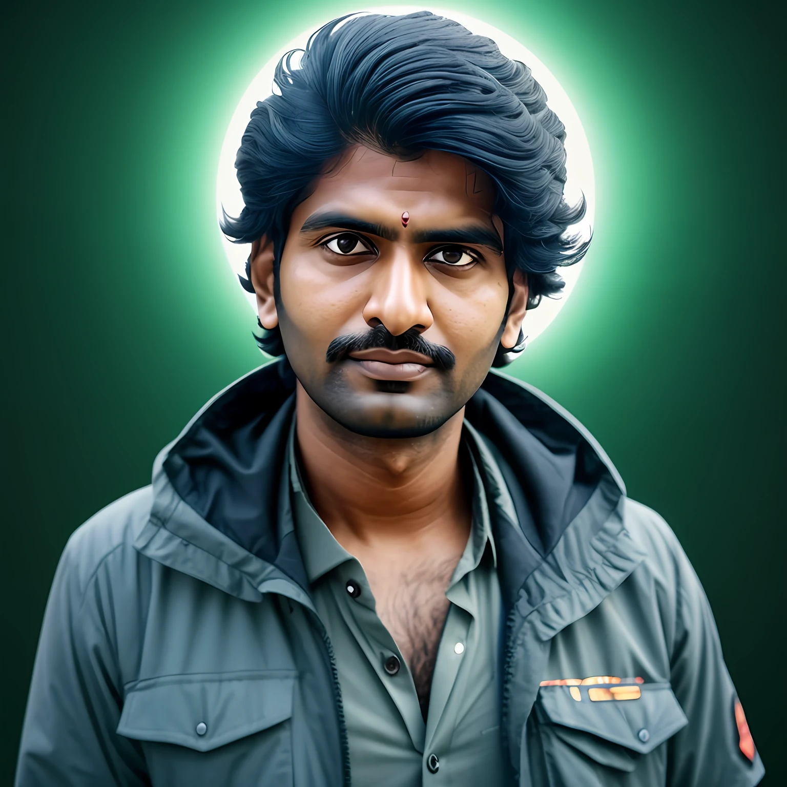 Gaurav Tiwari, a paranormal investigator and UFO field investigator who appeared on various television shows and founded the Indian Paranormal Society, looking at the camera with a brave and curious expression, haunted locations and UFOs in the background ((casual clothes - green: 1.5)), adventurous, 6d camera, octane render, spooky aesthetic, ghostly aura, mysterious atmosphere, detailed face, explorer aura , facing the camera, indian man, shot hair, with no facial hair, 25 years old man