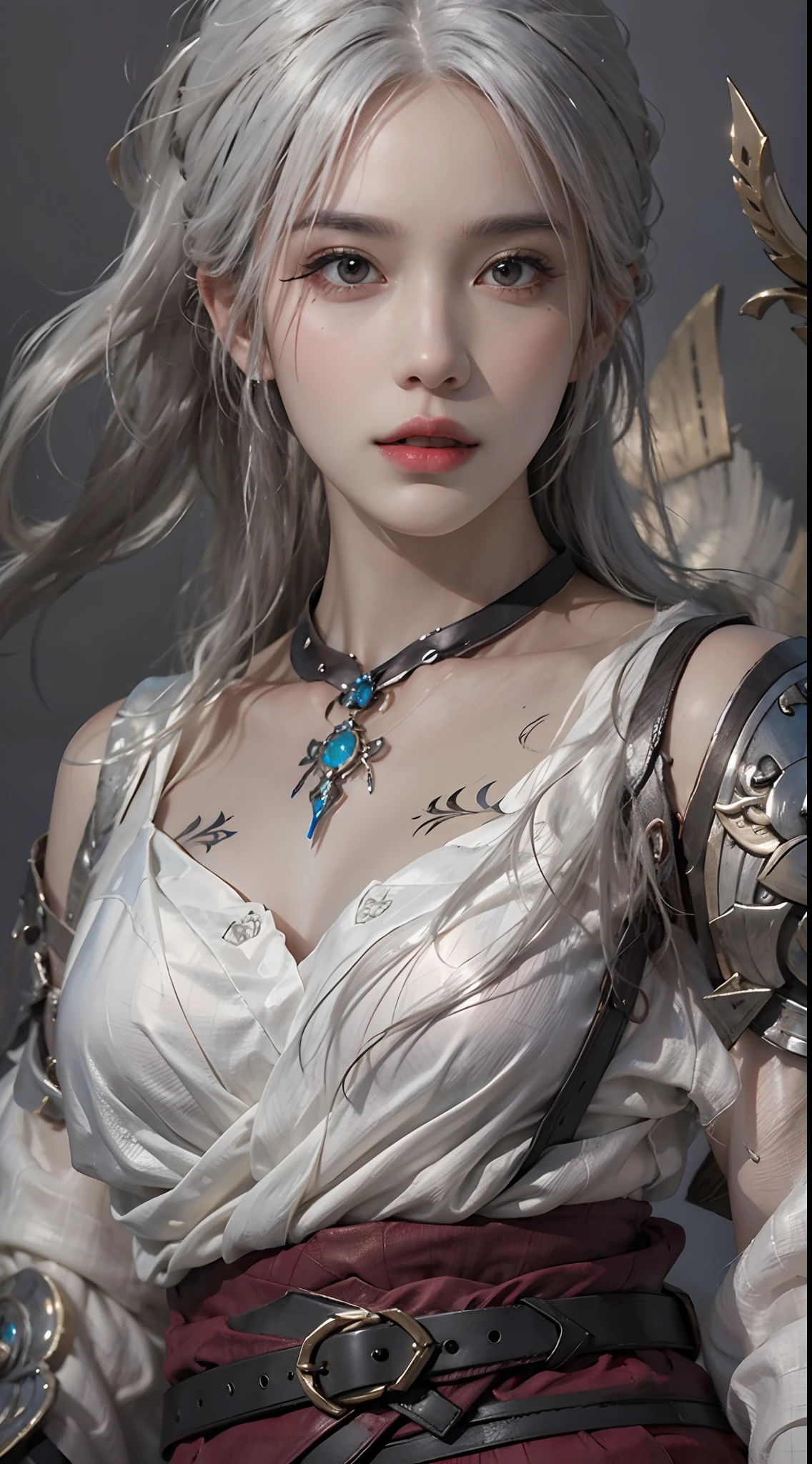 photorealistic, high resolution, 1women, solo, hips up, look at viewer, (detailed face), white hair, warrior, weapon, jewelry, tattoo